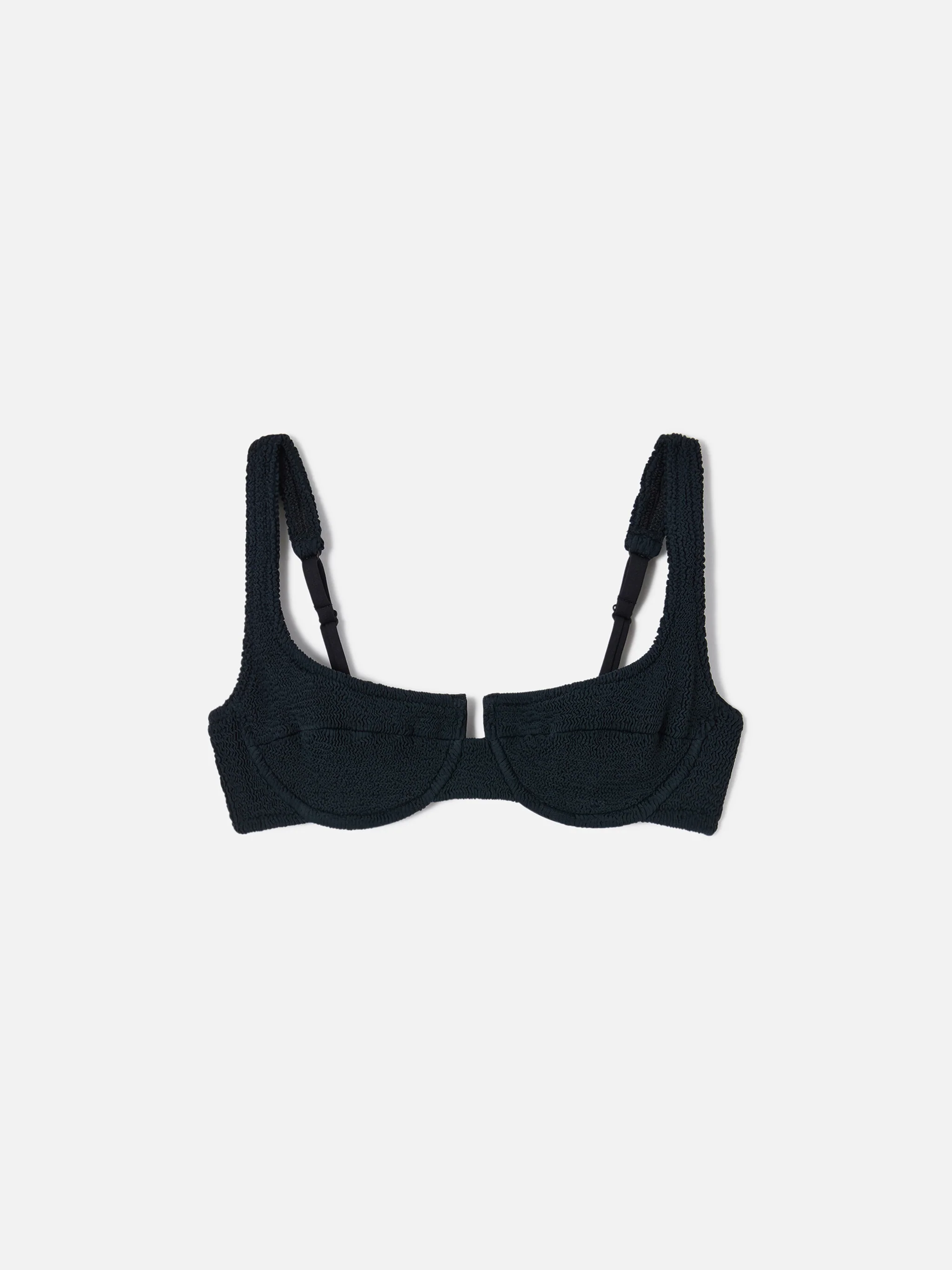 Amira balconette bikini top in black crinkle fabric