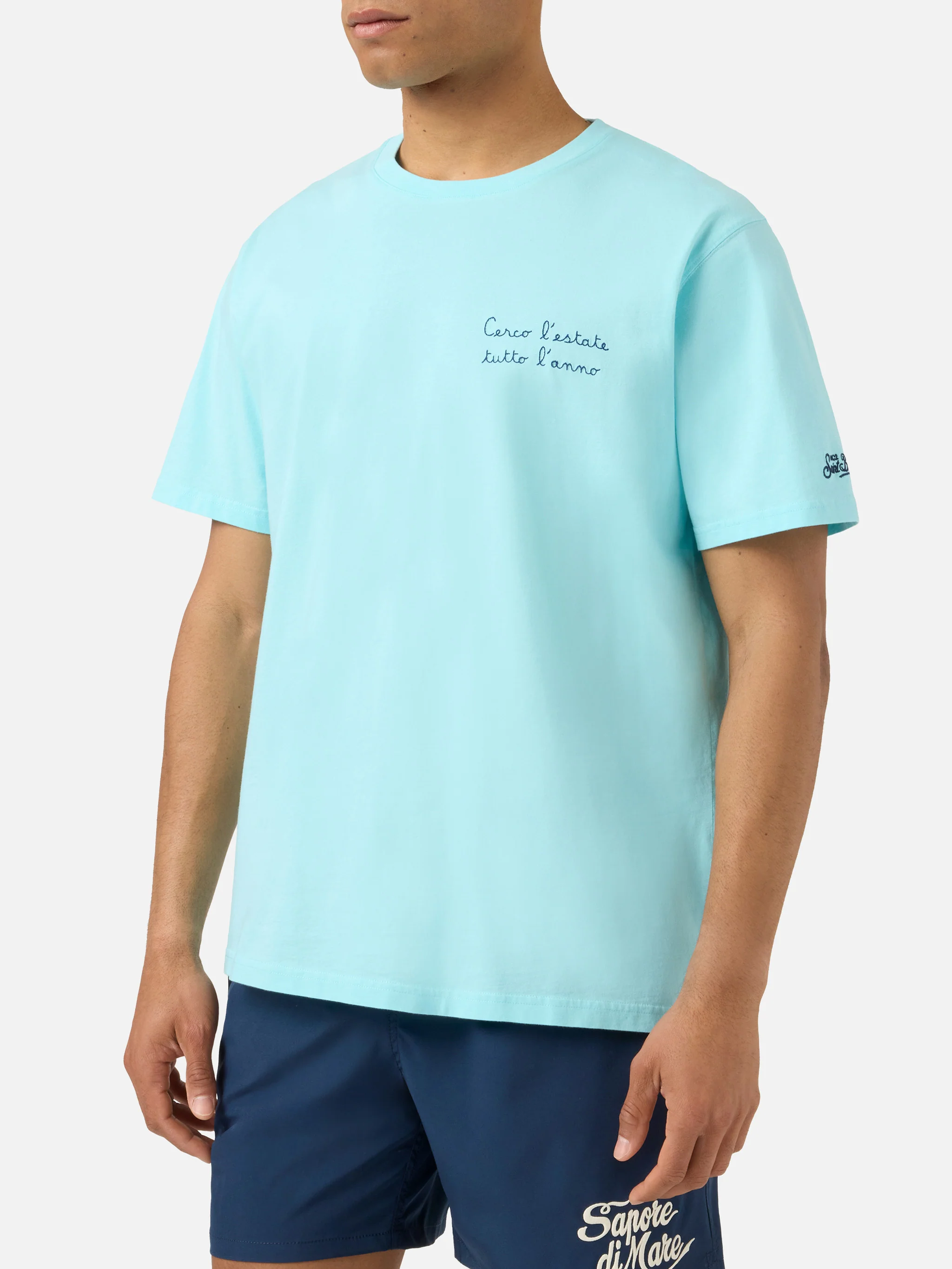 Aqua green Portofino T-shirt with Cerco L'estate Tutto L'anno embroidery - Image 2