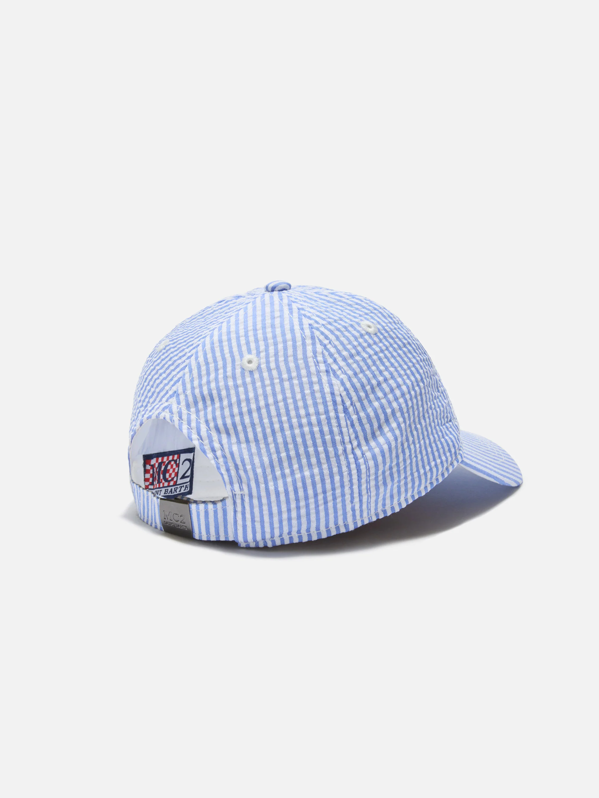 Baseball cap with visor in cotton seersucker with light blue and white stripes - Image 3