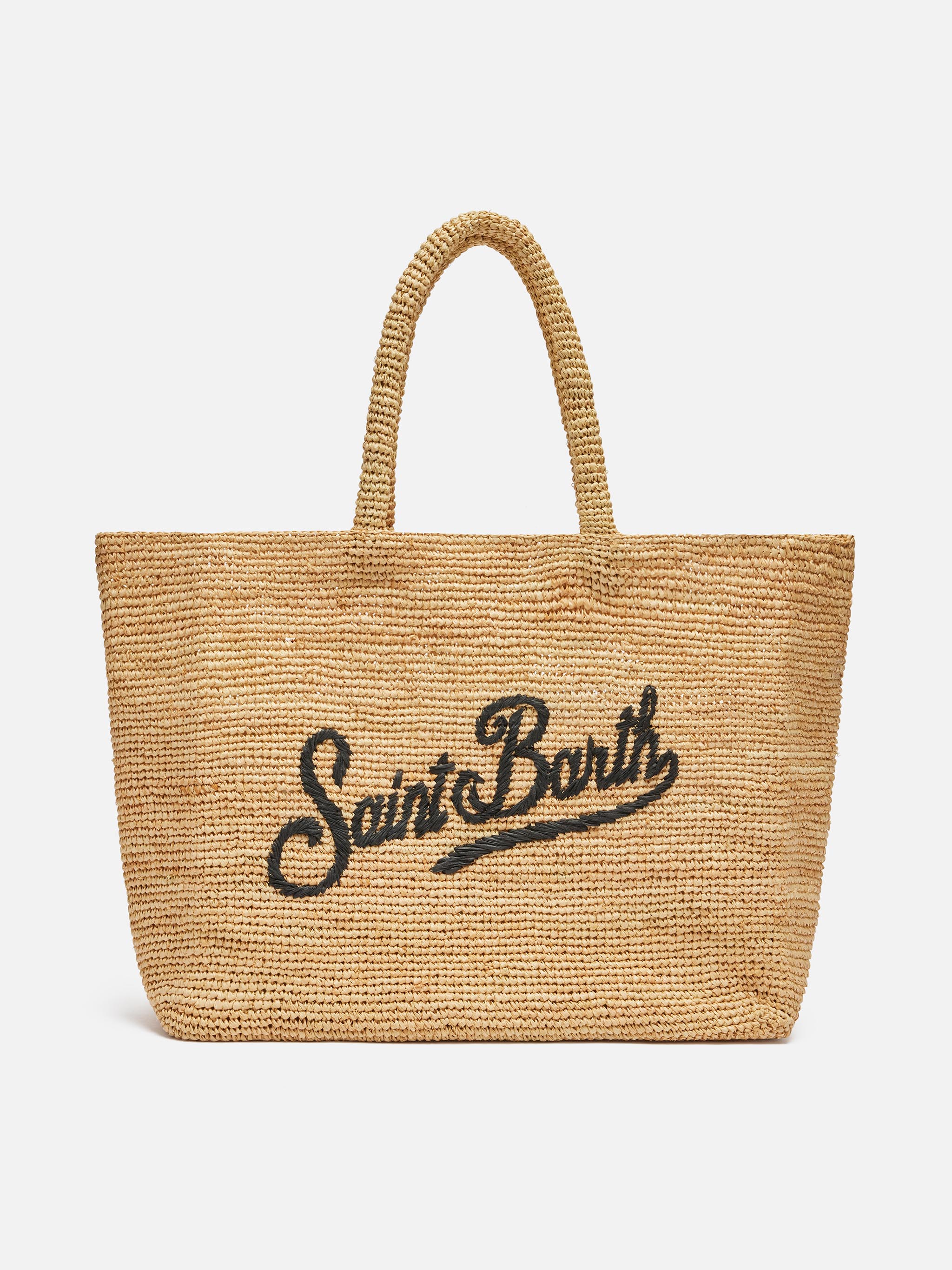 Beach raffia bag with black contrasting embroidered logo