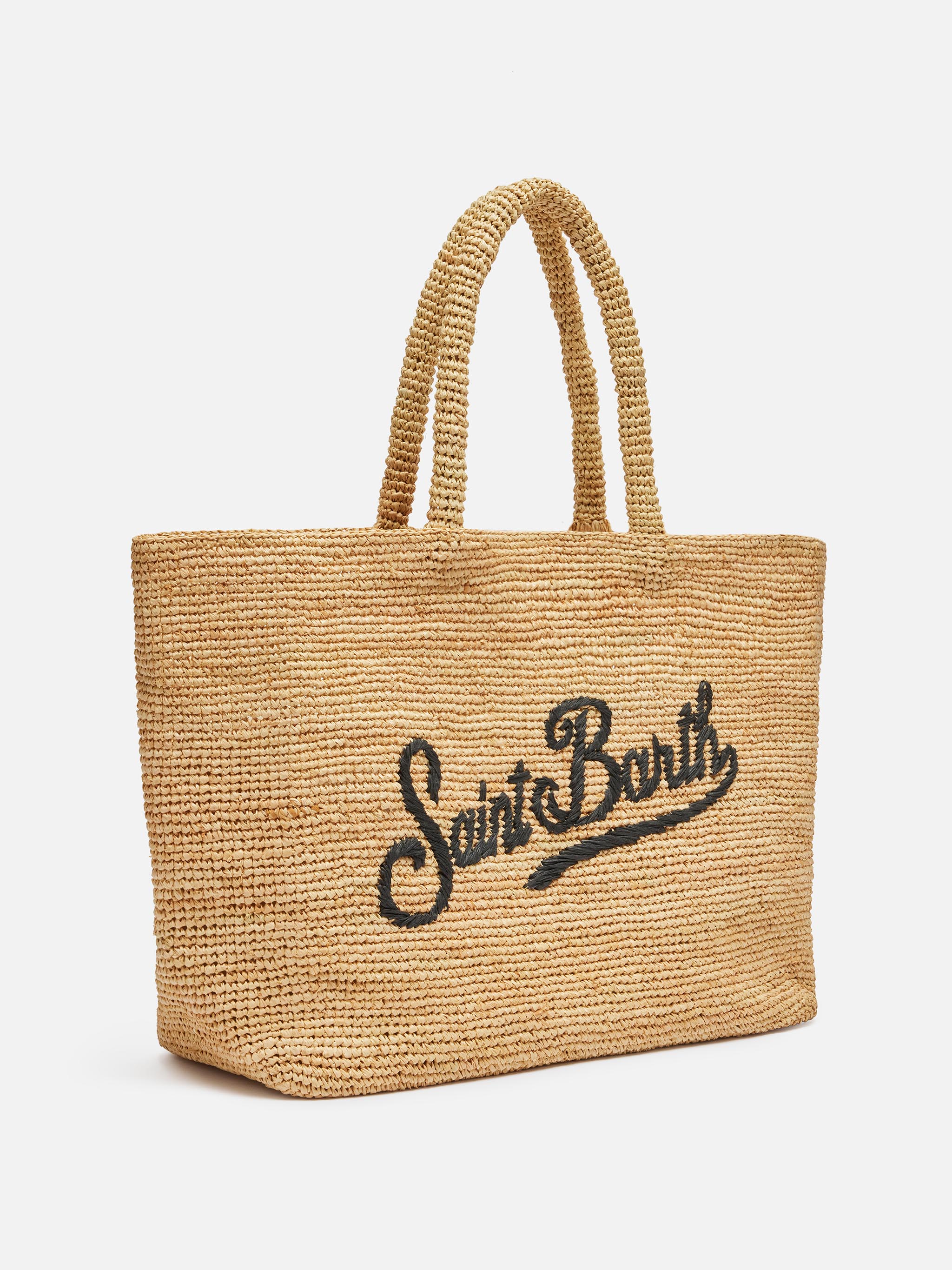 Beach raffia bag with black contrasting embroidered logo - Image 3