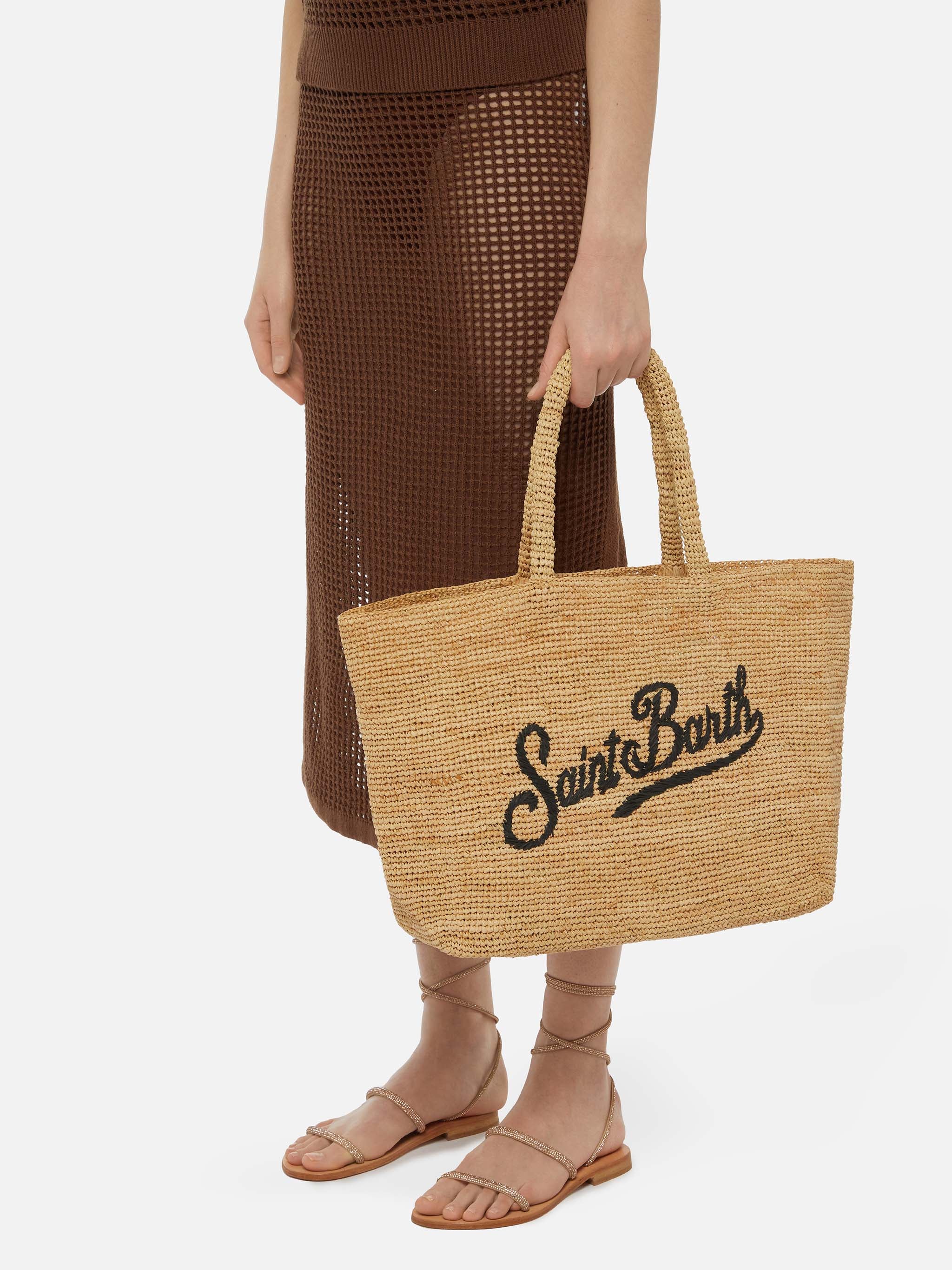 Beach raffia bag with black contrasting embroidered logo - Image 7