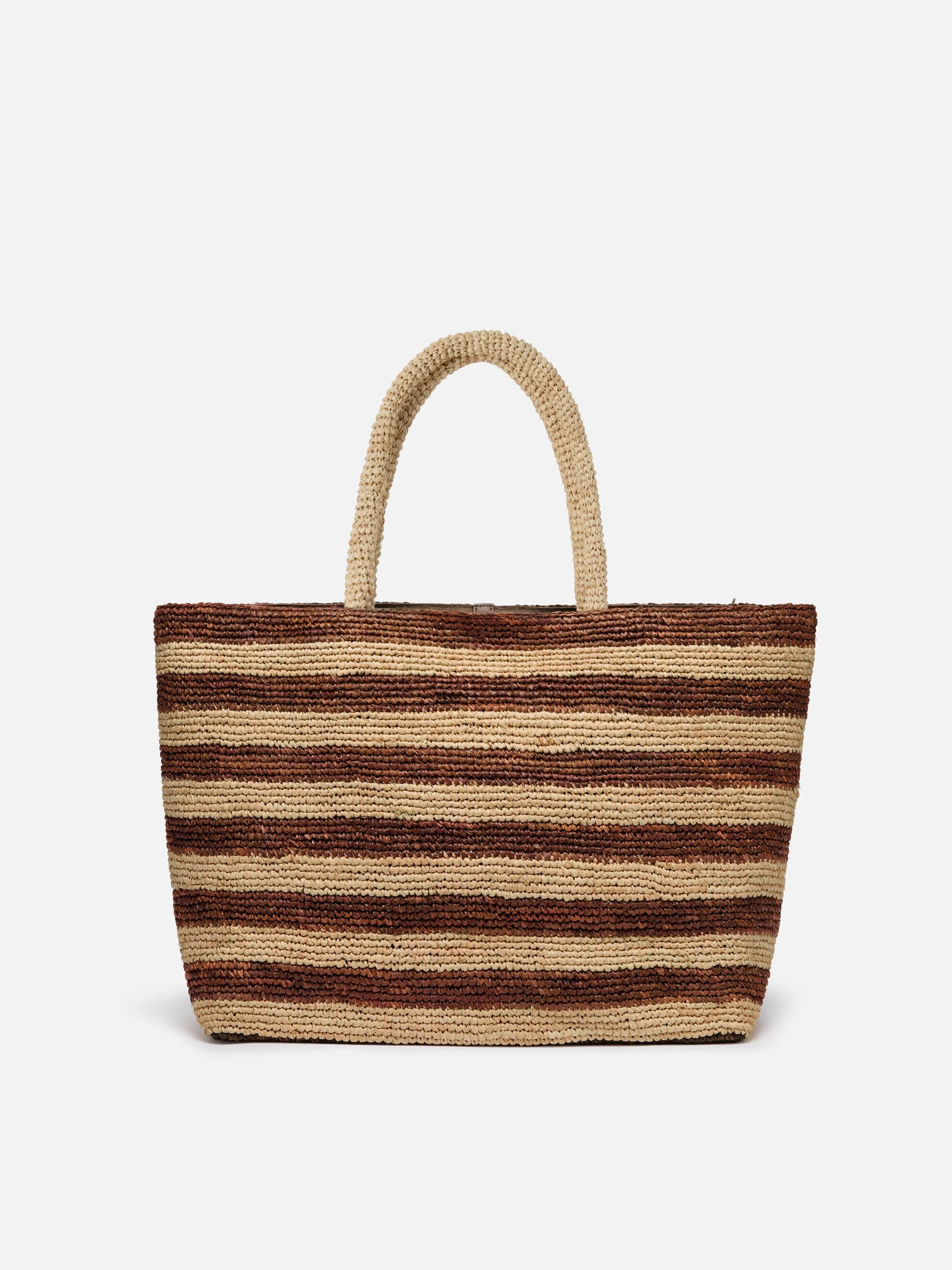 Beach raffia bag with brown stripes and embroidered logo - Image 4