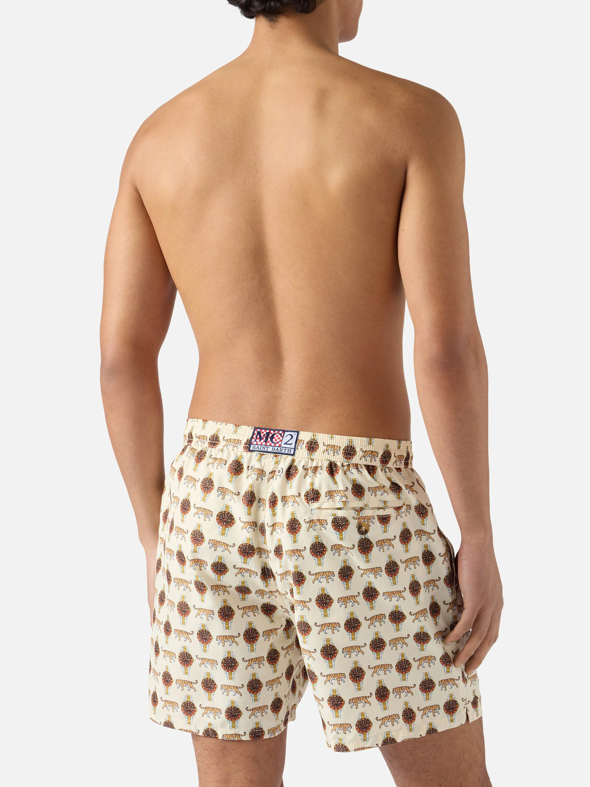 Beige Lighting Micro swim shorts with wild watch print - Image 6