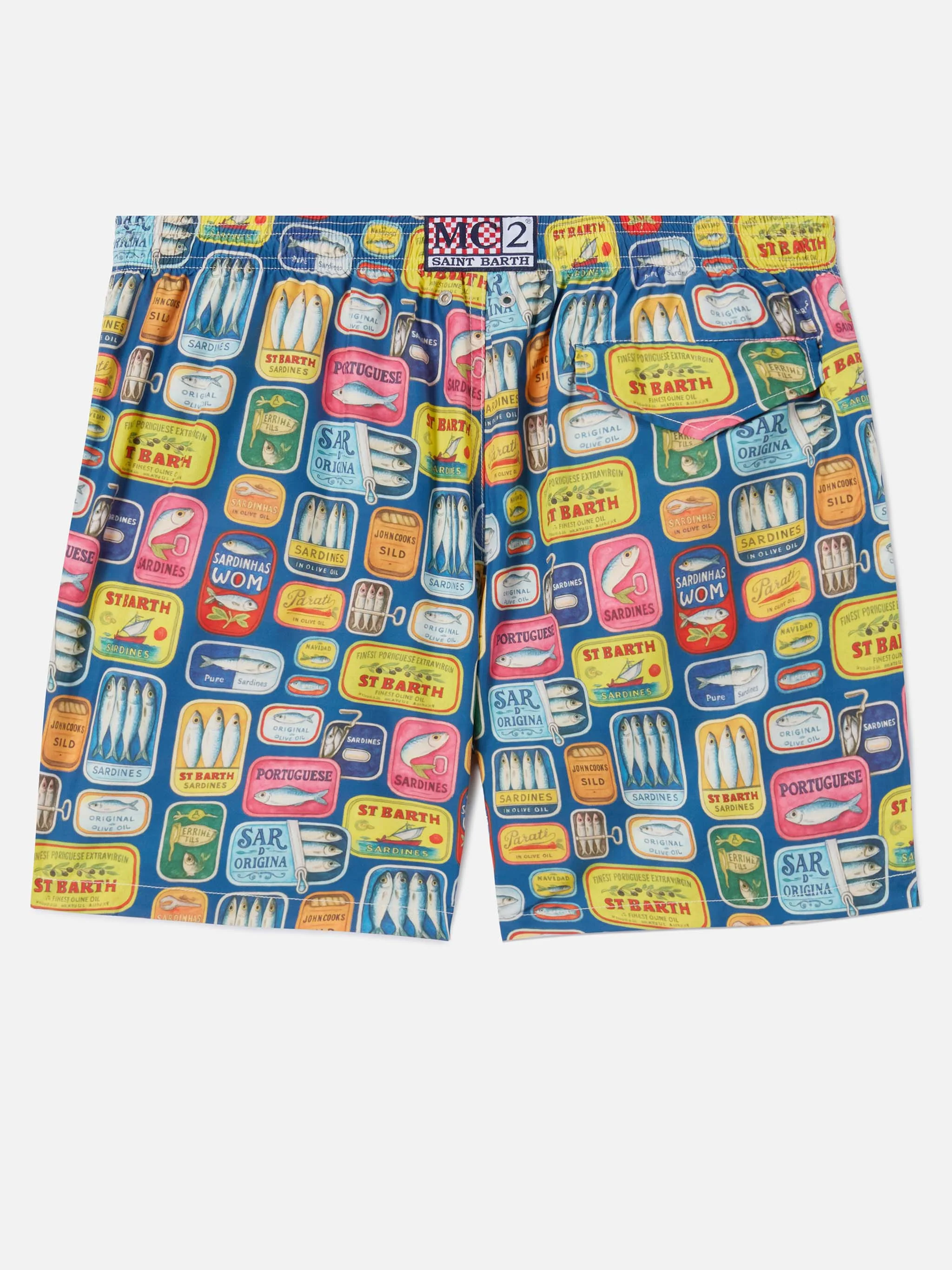 Blue Lighting swim shorts with all-over sardine tins print - Image 2