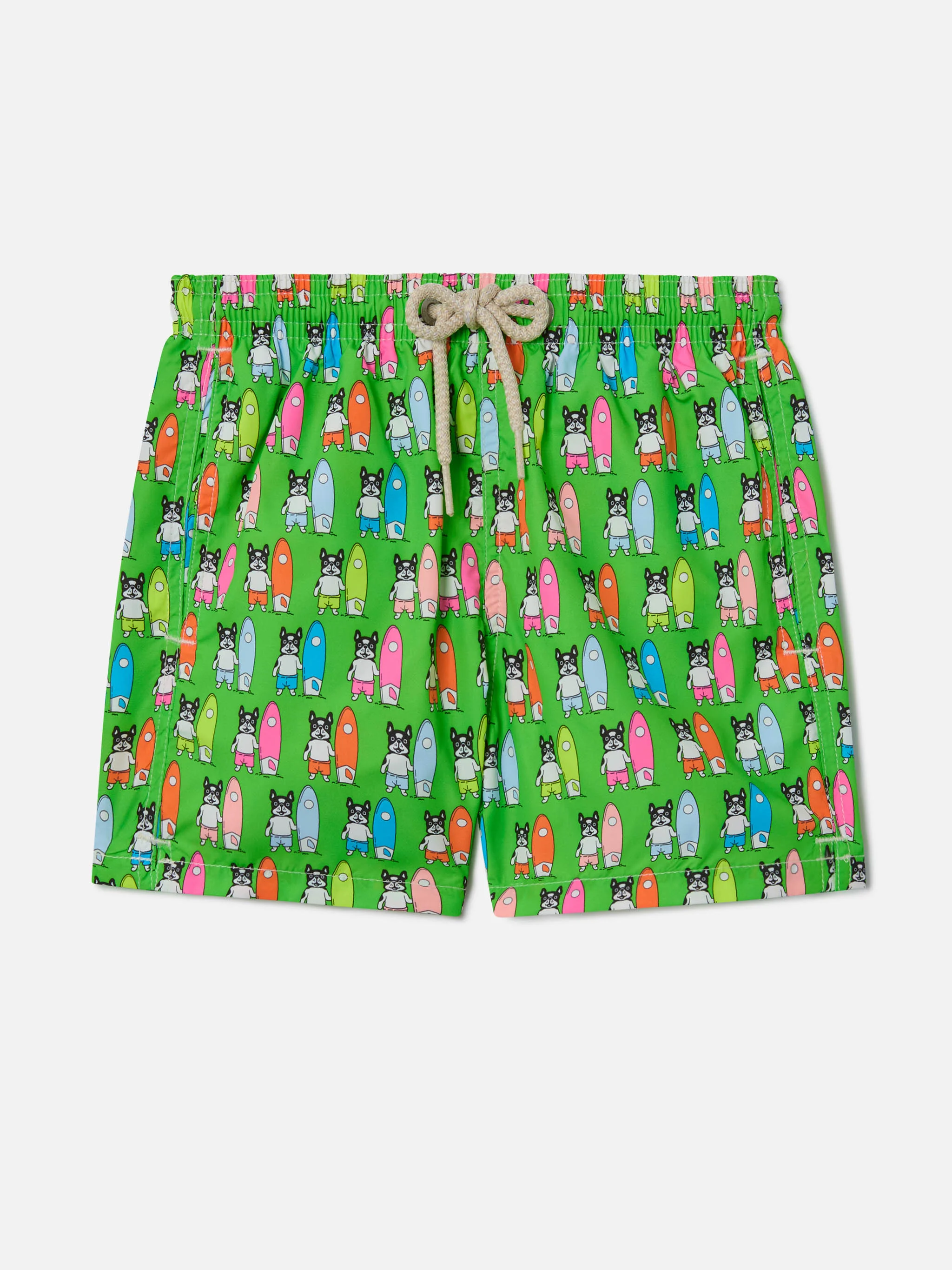 Boy lightweight fabric swim-shorts Jean Lighting with surfer dogs print