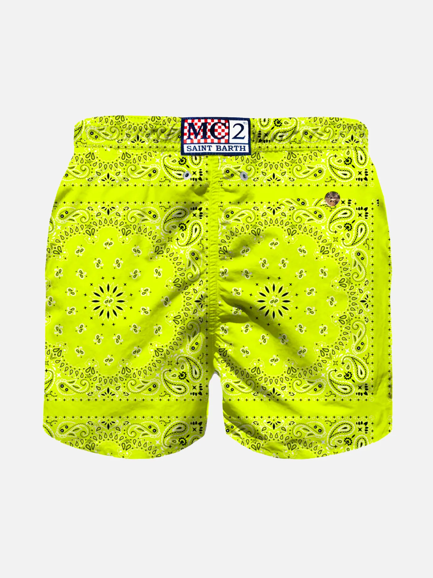 Boy swim shorts with fluo yellow bandanna print - Image 2
