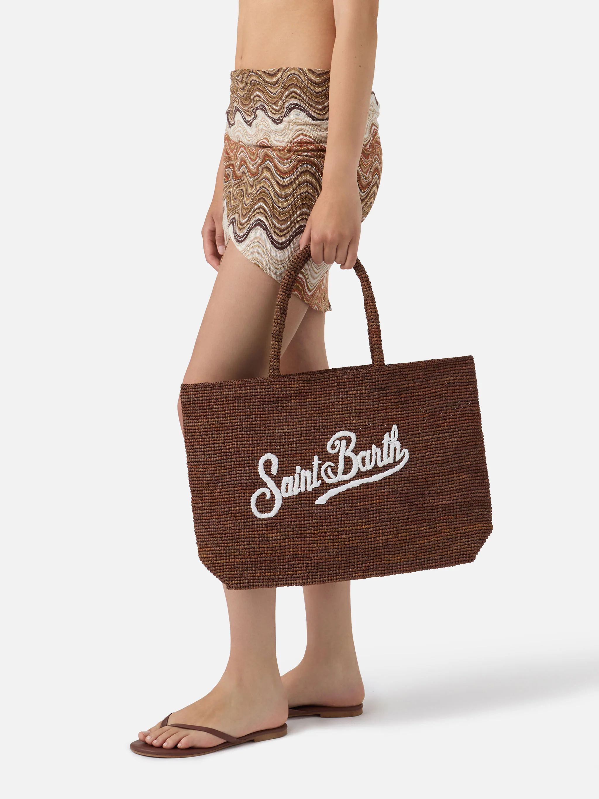 Brown Beach raffia bag with contrasting embroidered logo