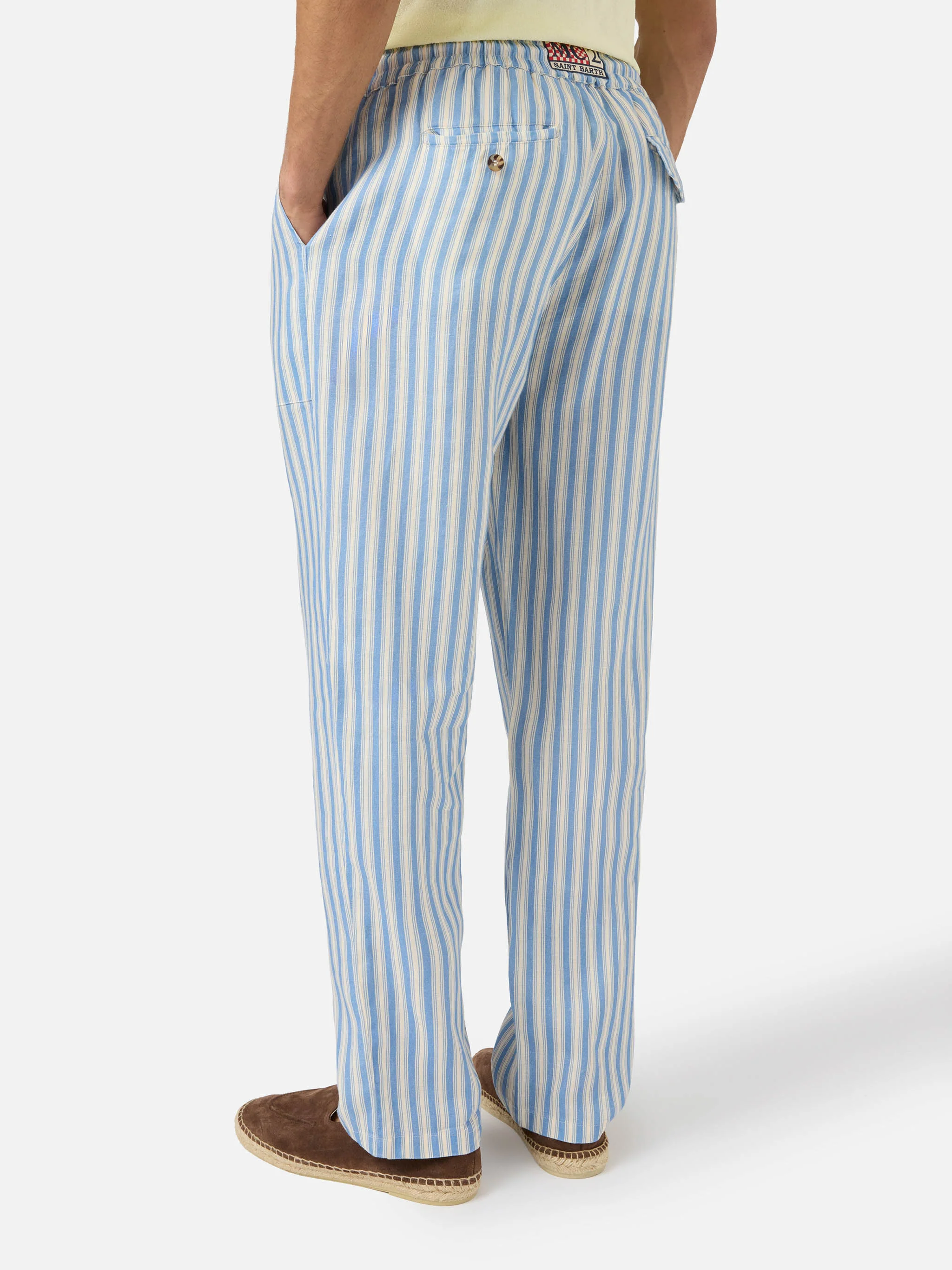 Calais long linen pants with cream and light blue stripes - Image 3