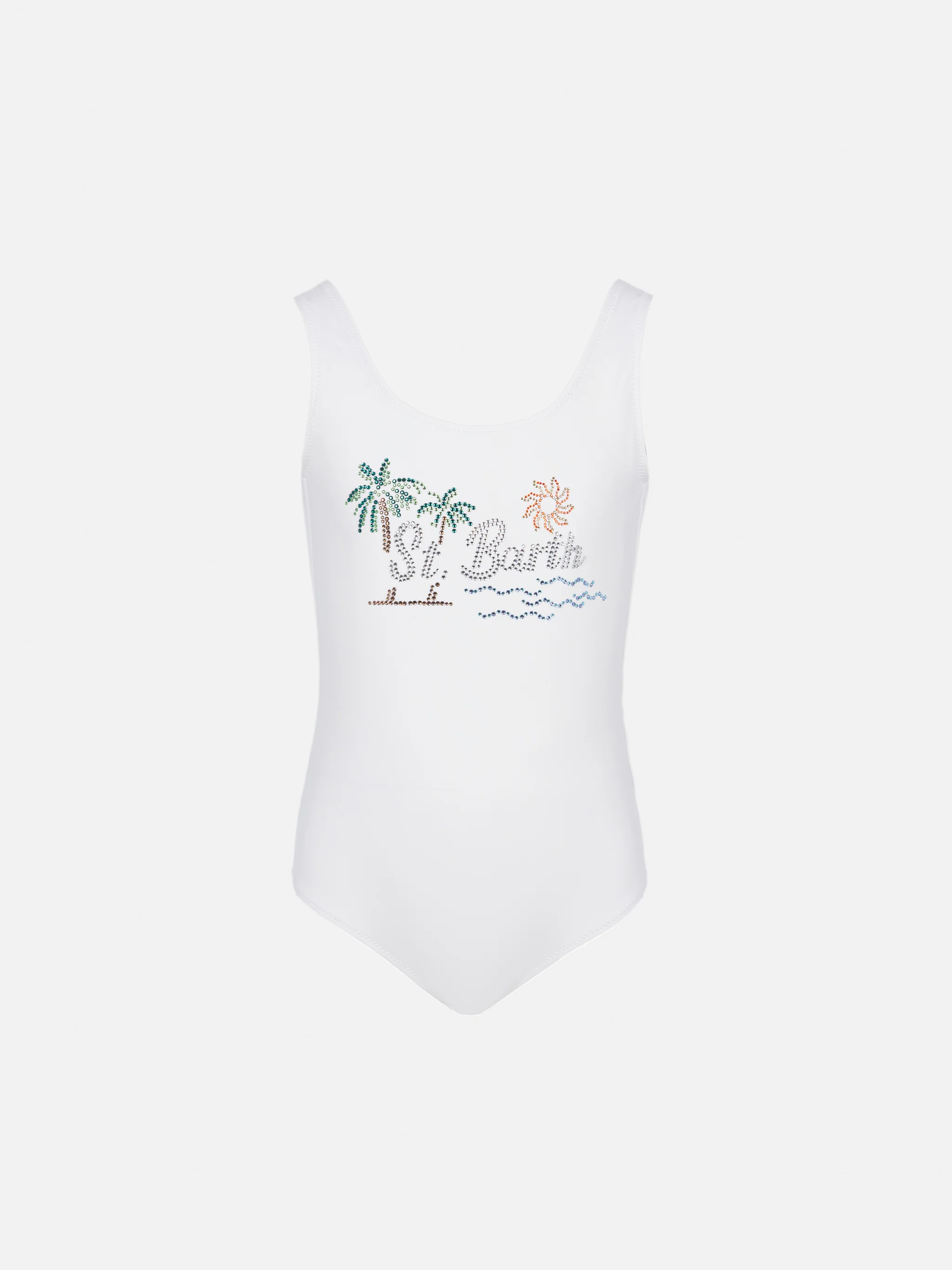 Cara one-piece swimsuit with St. Barth sunset rhinestone design
