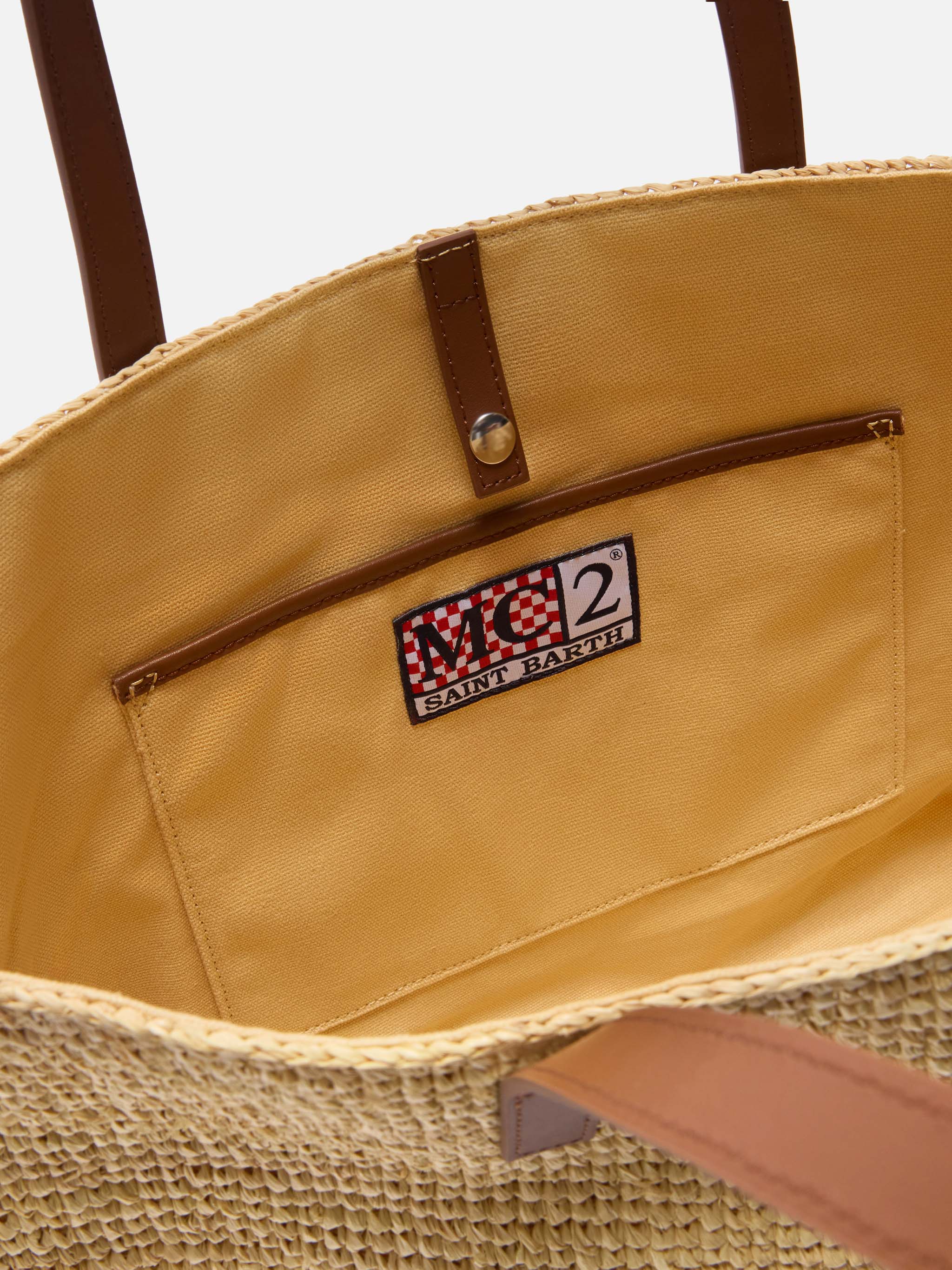 City raffia bag with genuine leather handles and embroidered logo - Image 5