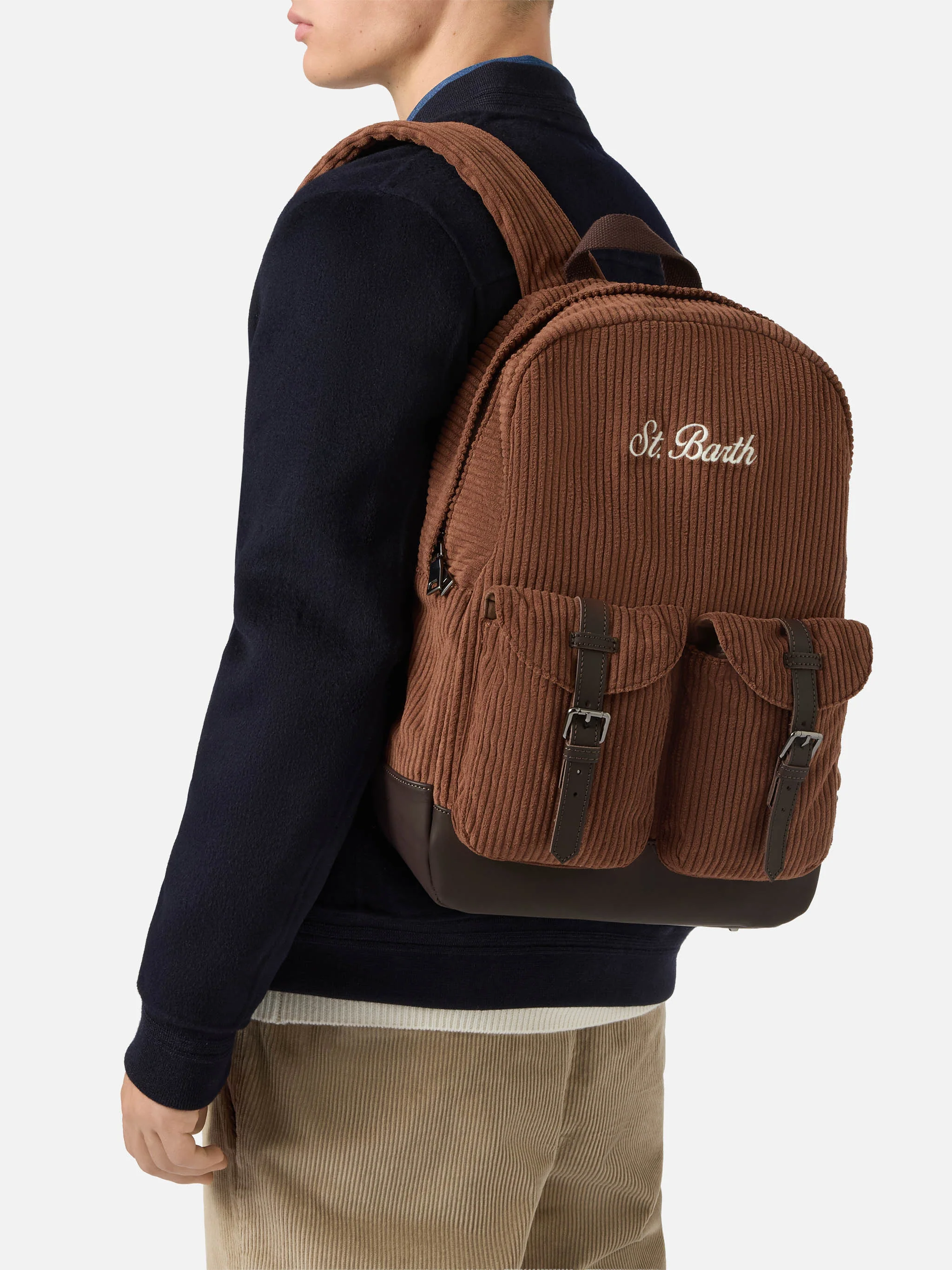 Cody Corduroy Backpack in wool blend brown with leather details - Image 2