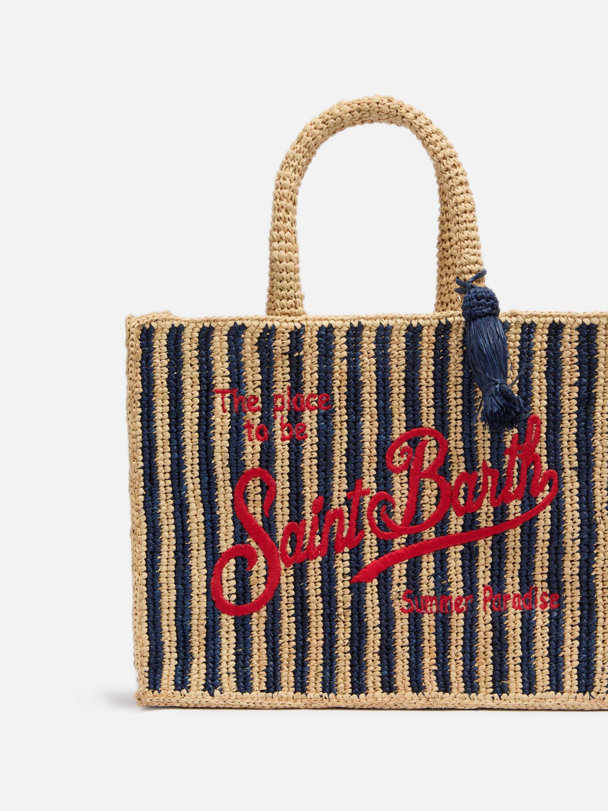 Colette Raffia navy blue striped handbag with logo embroidery - Image 3