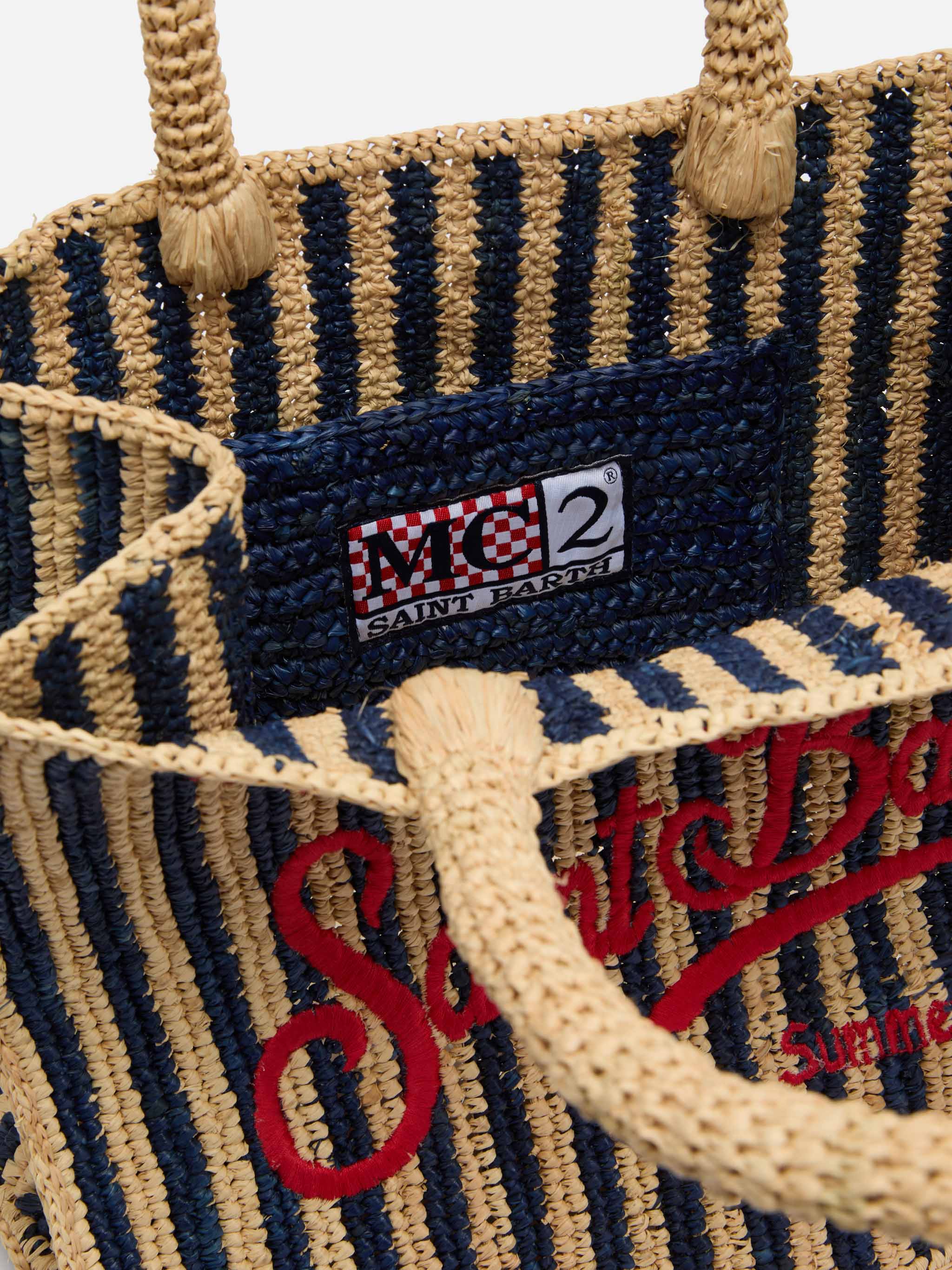 Colette Raffia navy blue striped handbag with logo embroidery - Image 6