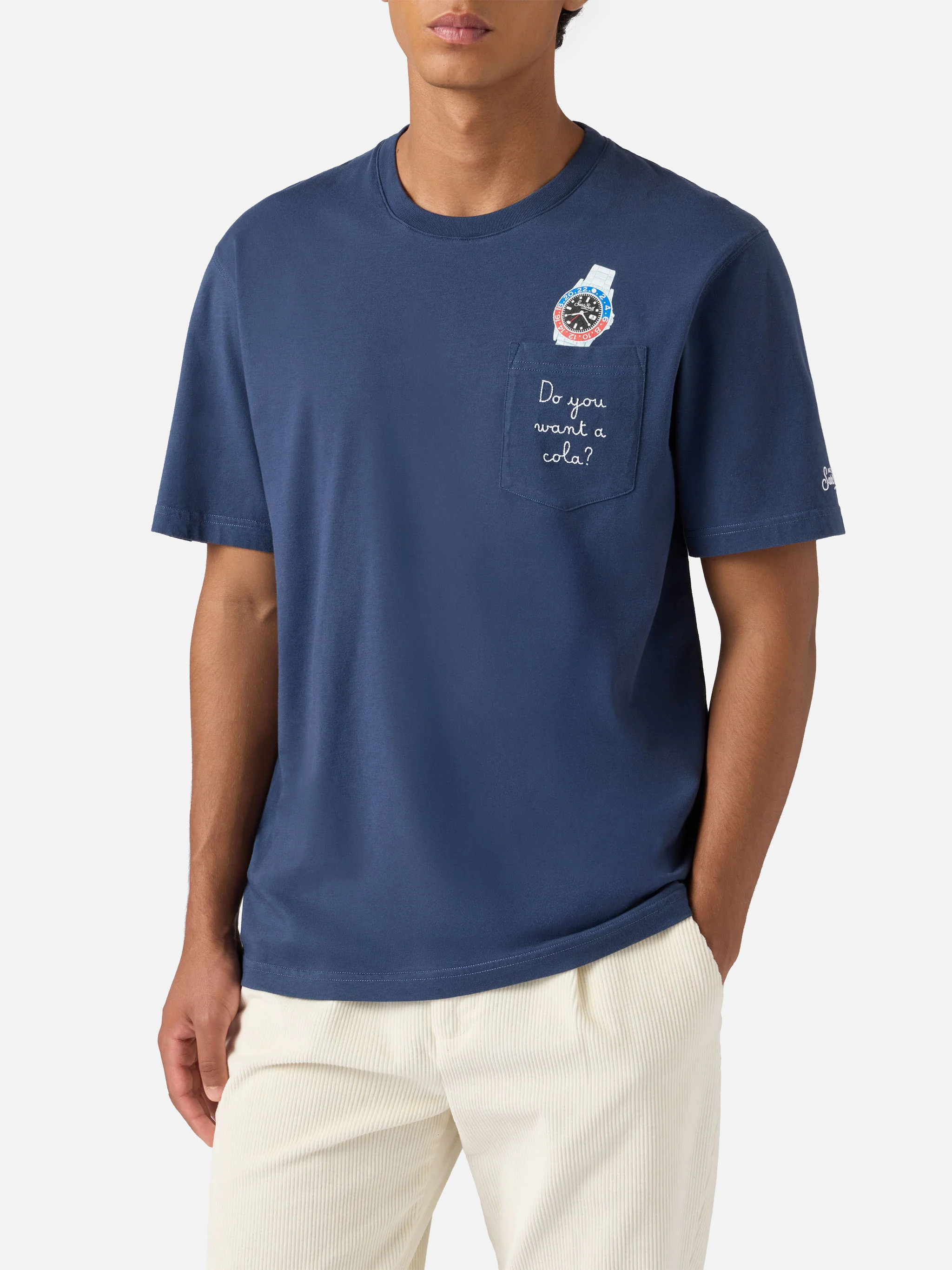 Connor cotton T-shirt in blue with Do you want a cola? pocket embroidery - Image 2