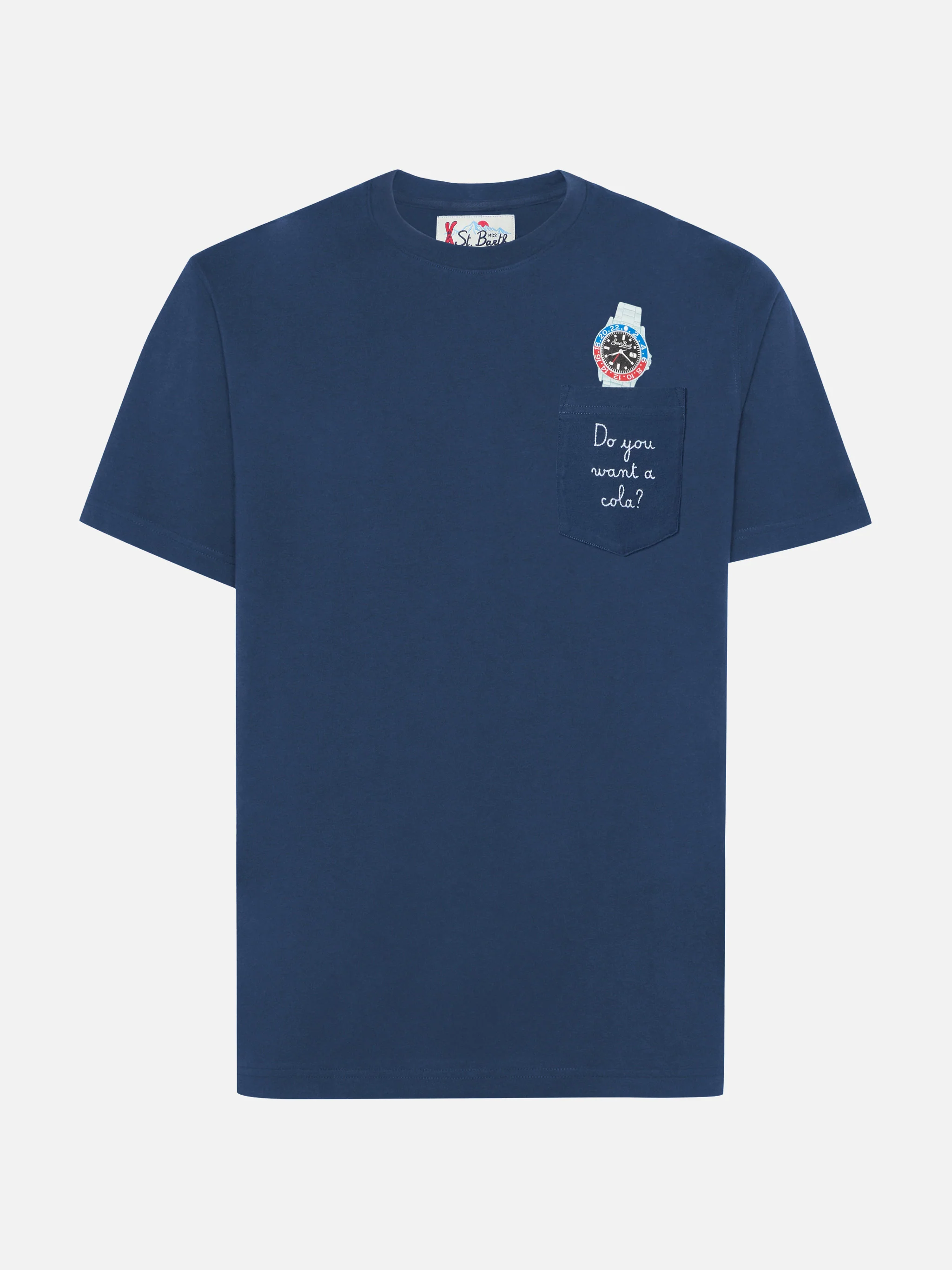 Connor cotton T-shirt in blue with Do you want a cola? pocket embroidery - Image 4