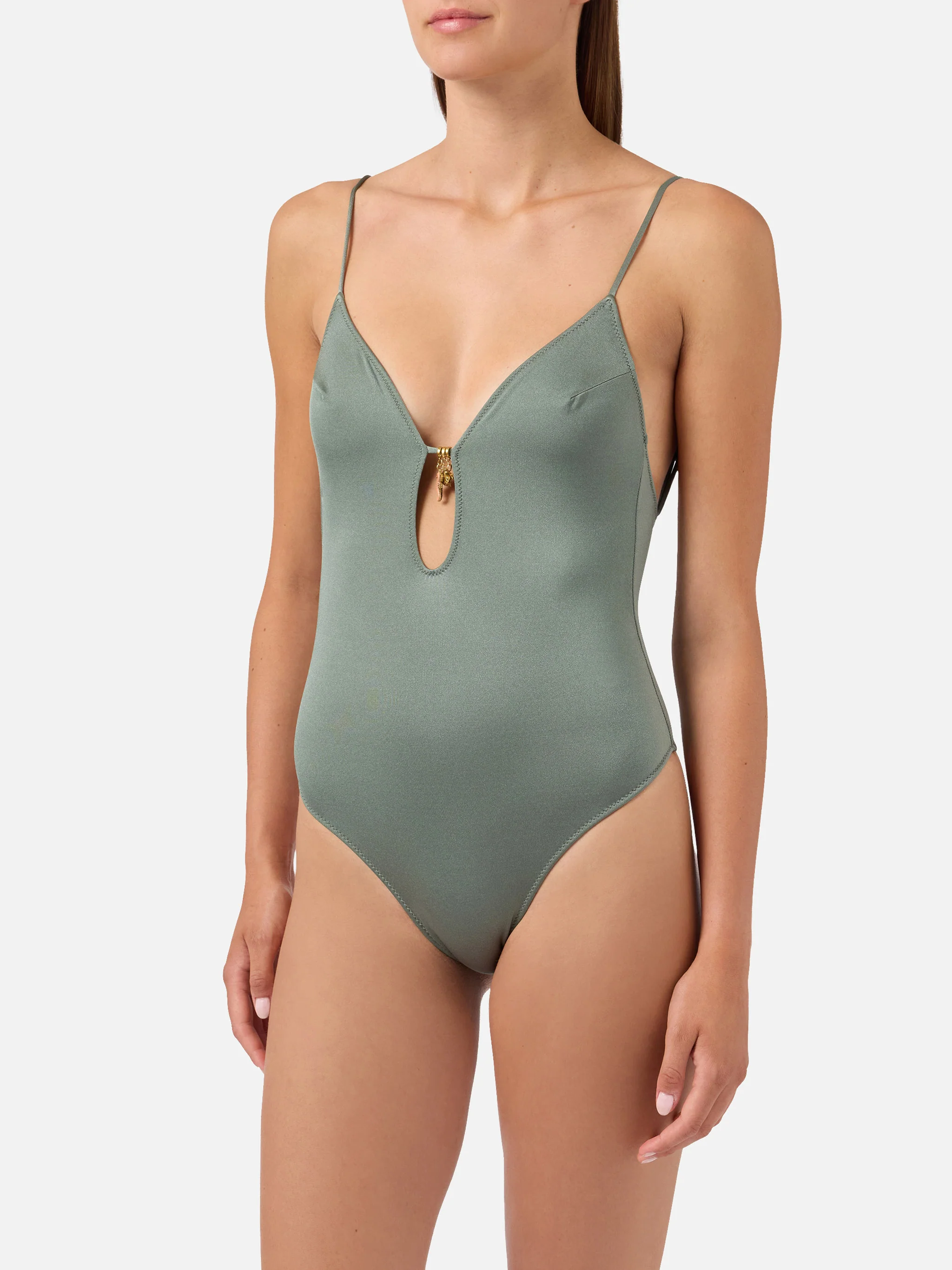 Crunchy one-piece swimsuit in military green glossy finish with charms - Image 2