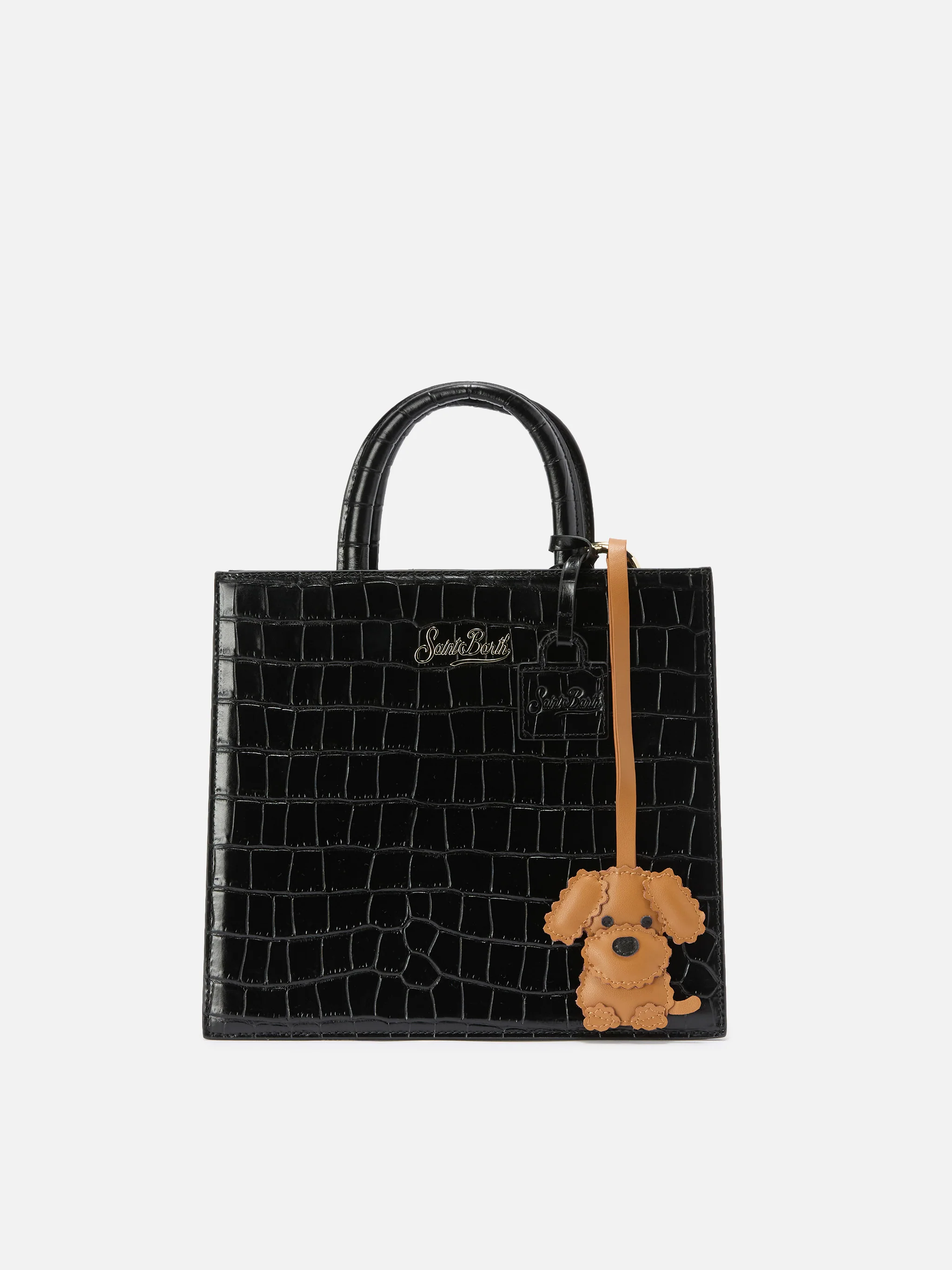 Dog-shaped smooth leather bag charm with logo tag - Image 2