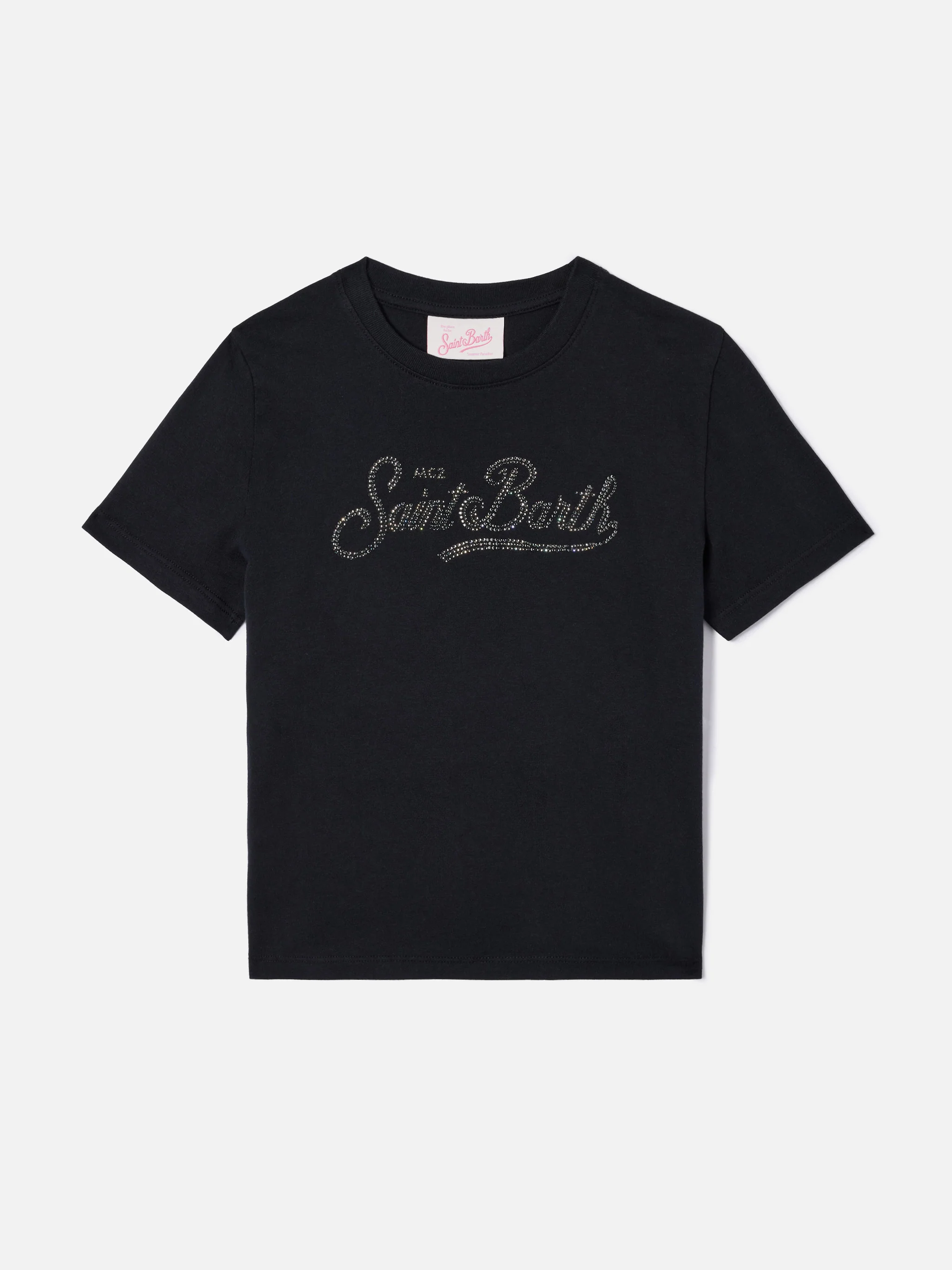 Elly t-shirt in black cotton with Saint Barth rhinestones embellishment