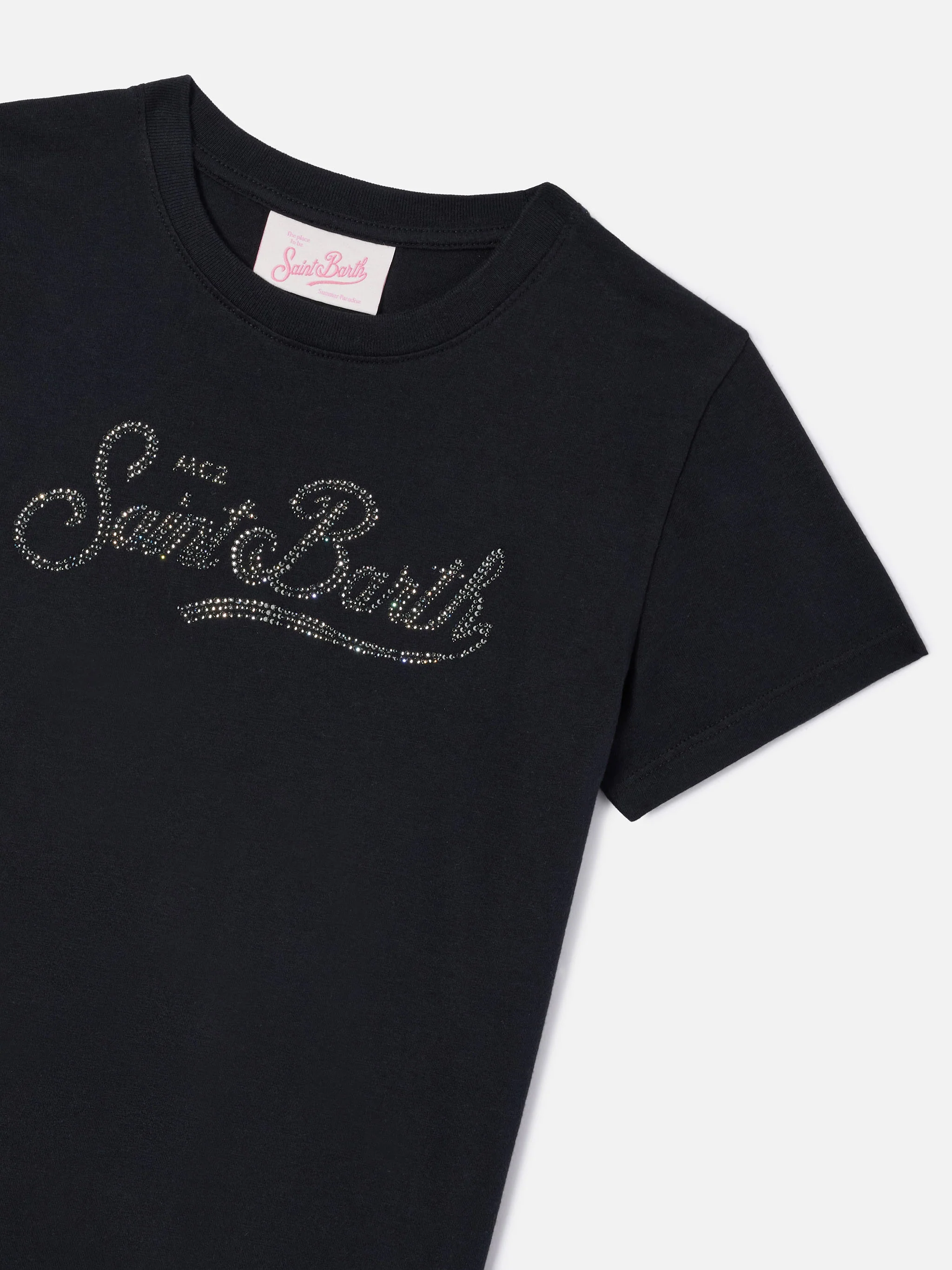 Elly t-shirt in black cotton with Saint Barth rhinestones embellishment - Image 2