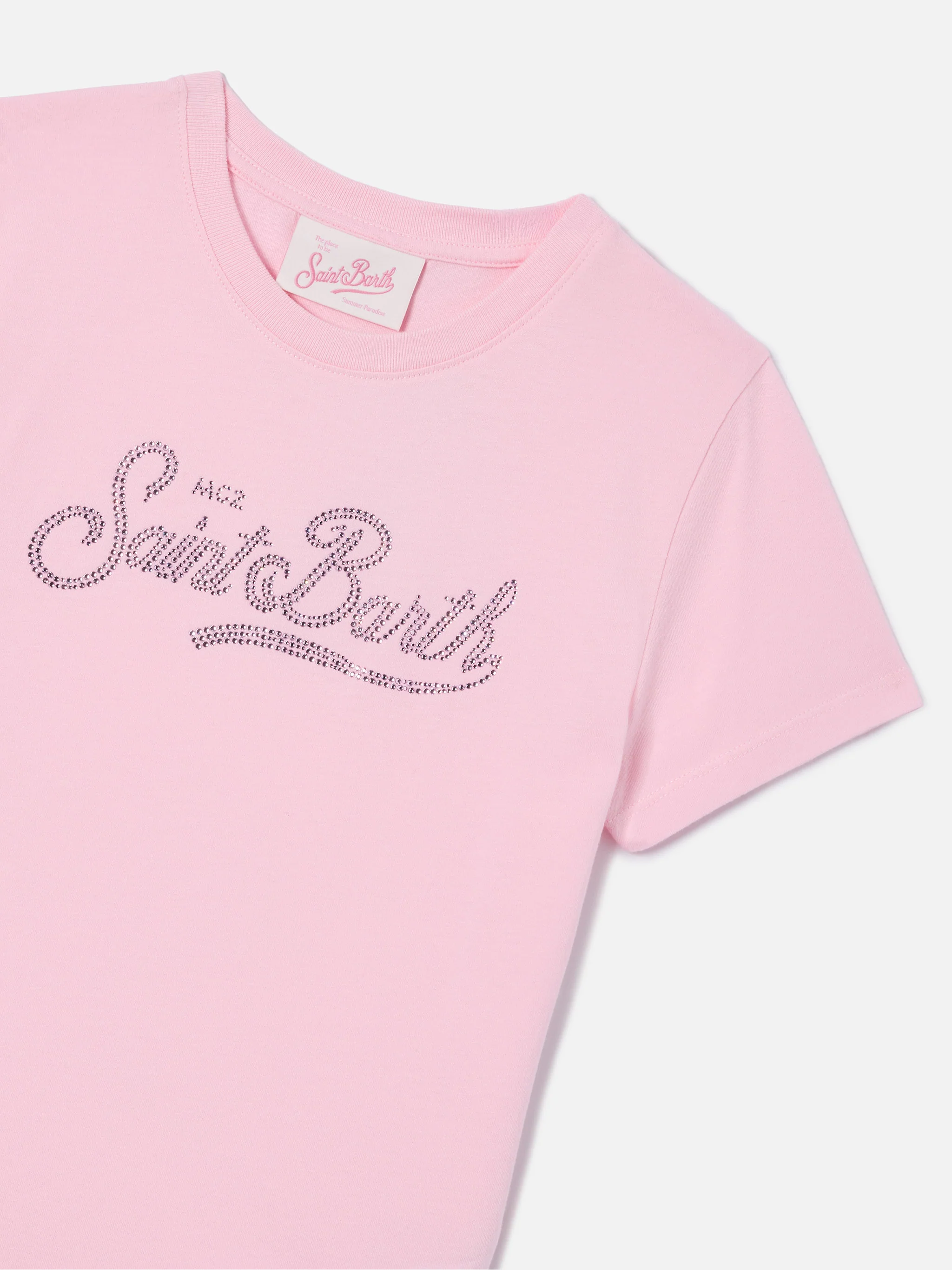 Elly T-shirt in pink cotton with Saint Barth logo rhinestones embellishment - Image 2