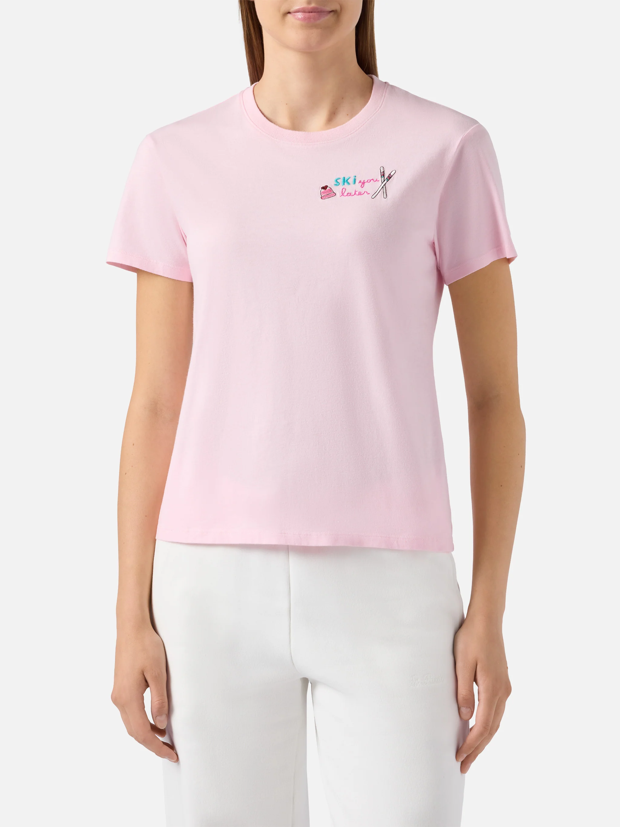 Emilie cotton T-shirt in pink with Ski you later embroidery - Image 2