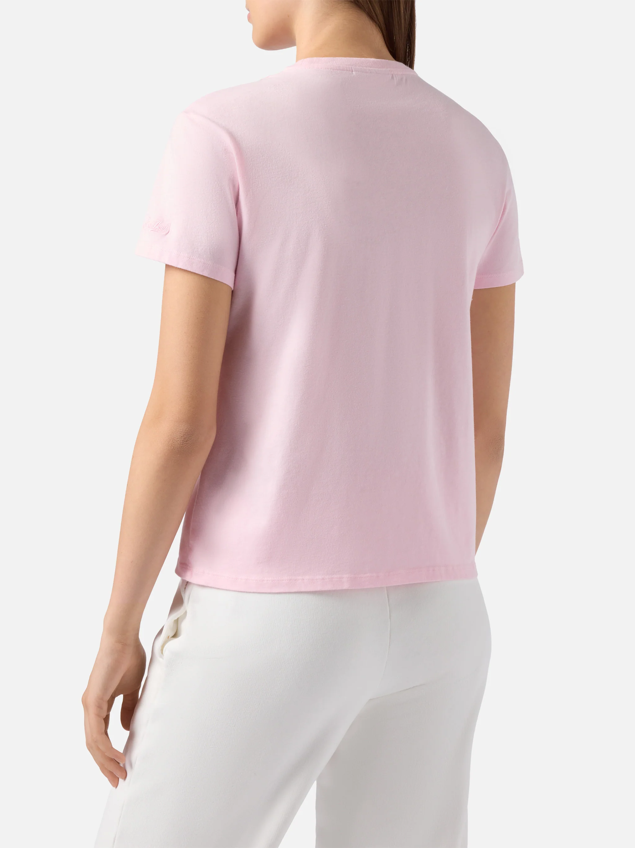 Emilie cotton T-shirt in pink with Ski you later embroidery - Image 3