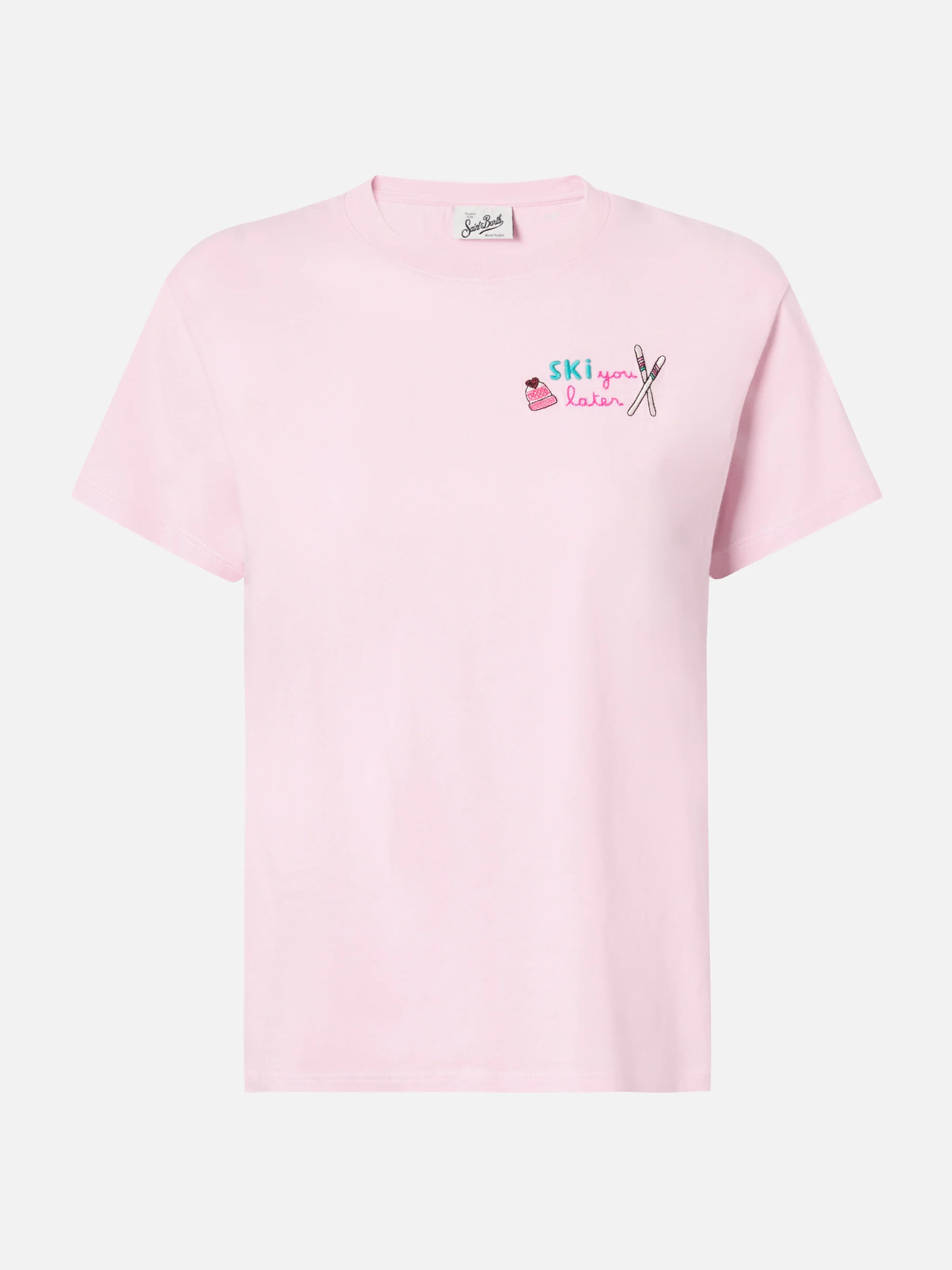 Emilie cotton T-shirt in pink with Ski you later embroidery - Image 4