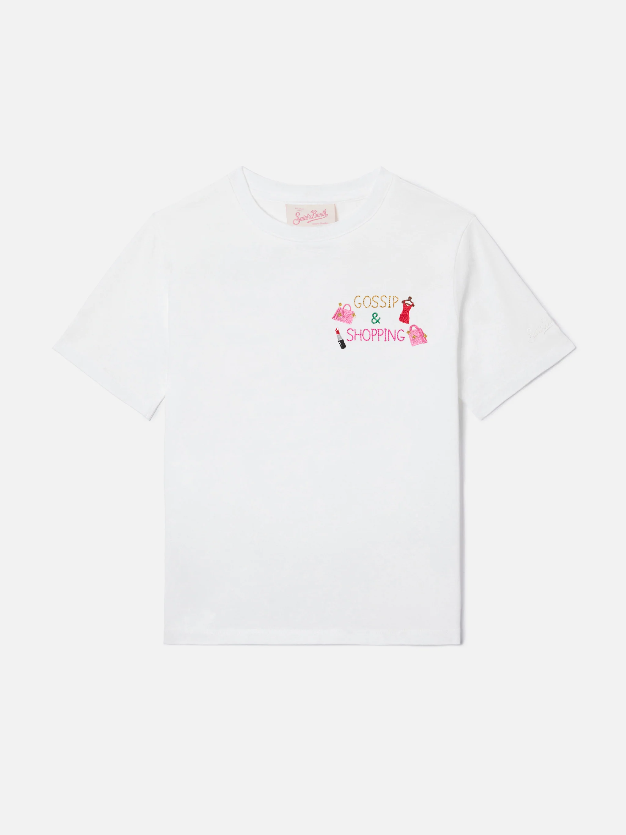 Emilie Jr T-shirt in white cotton with Gossip and Shopping embroidery