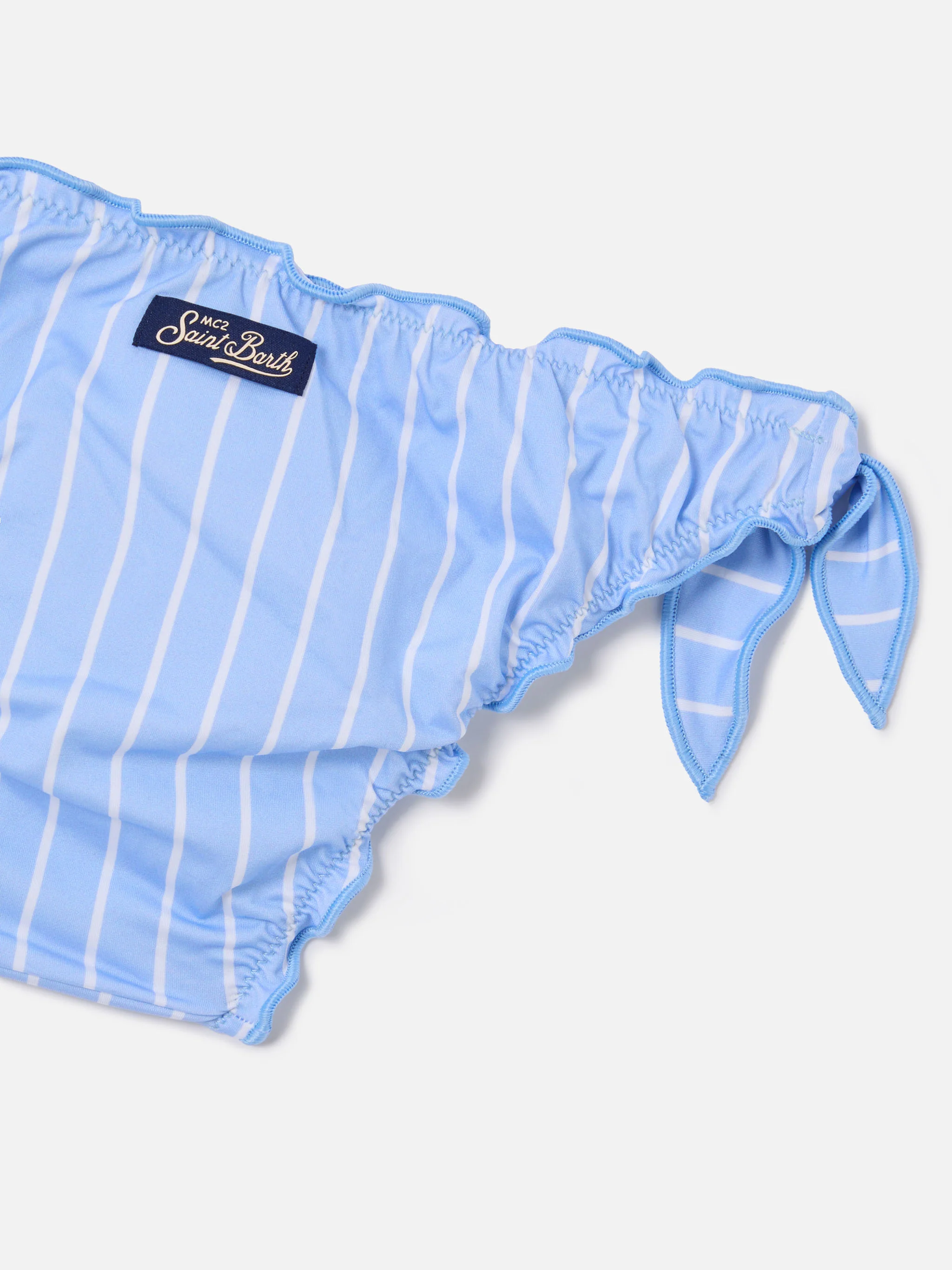 Emy light blue and white striped bikini with ruffled edges - Image 3