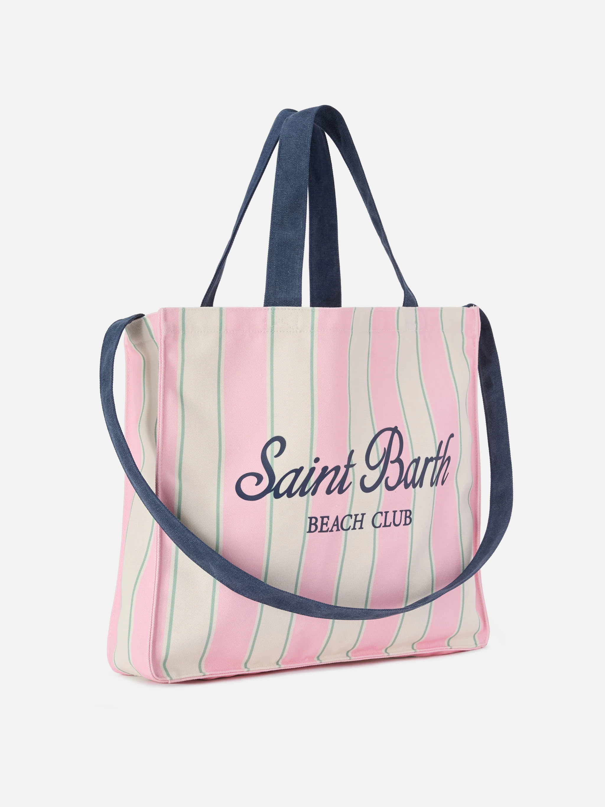 Essential canvas tote bag with pink, green and white stripes and contrasting logo - Image 3