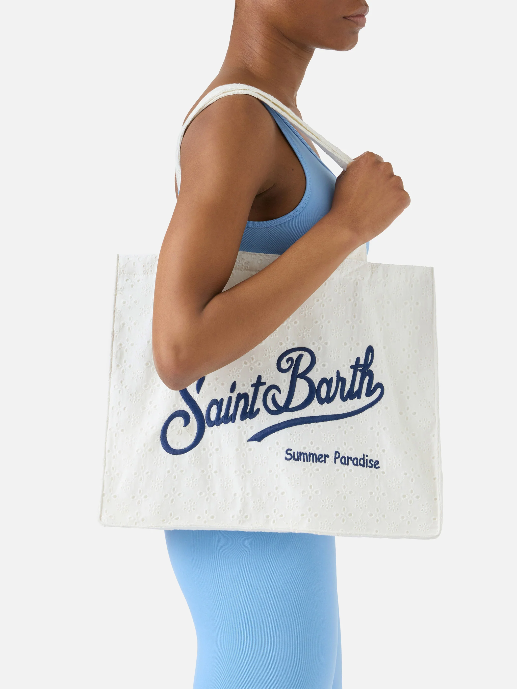 Essential white broderie anglaise cotton tote bag with contrasting logo - Image 2