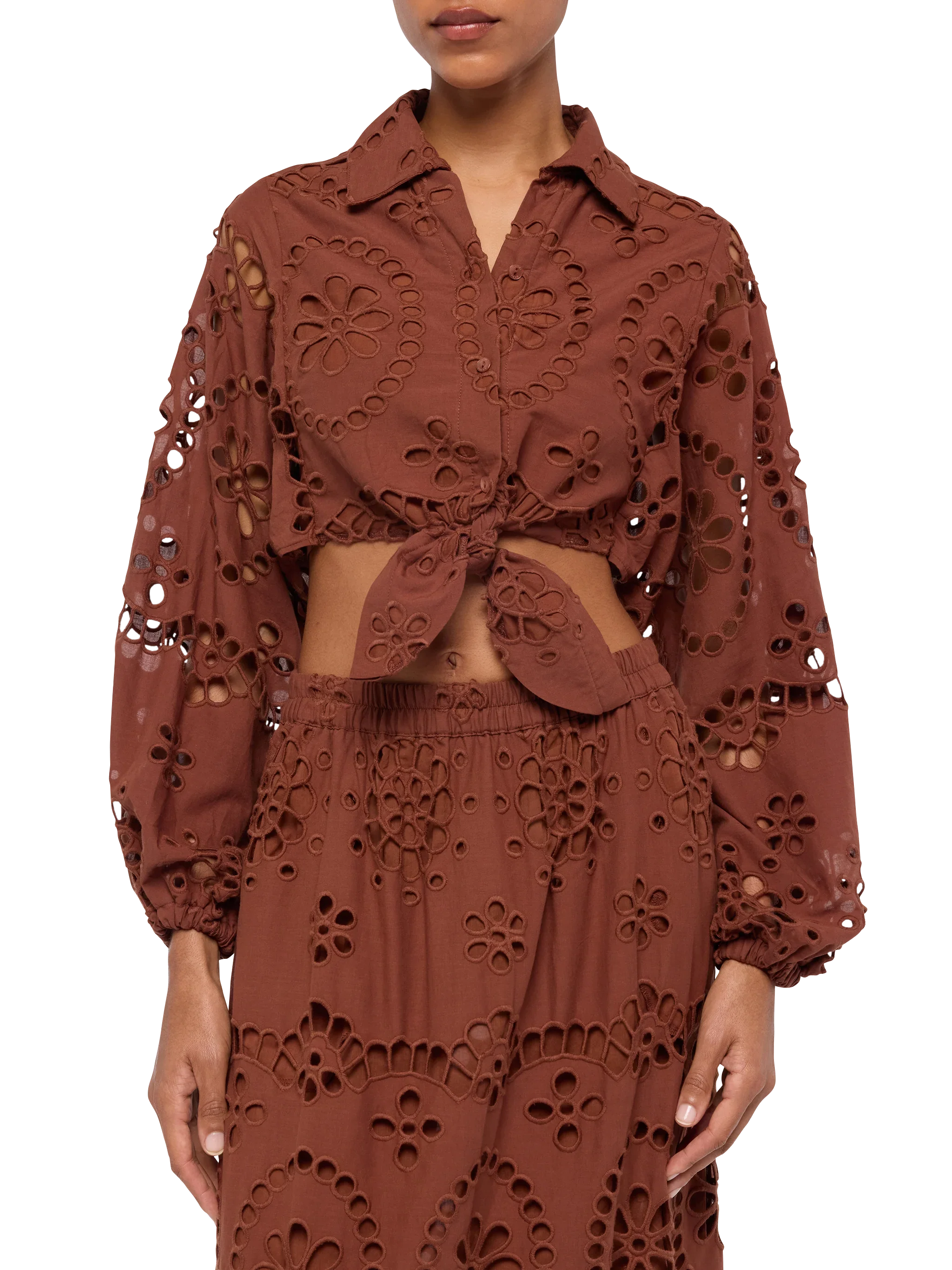 Febe camel brown cotton Sangallo lace shirt - Image 2