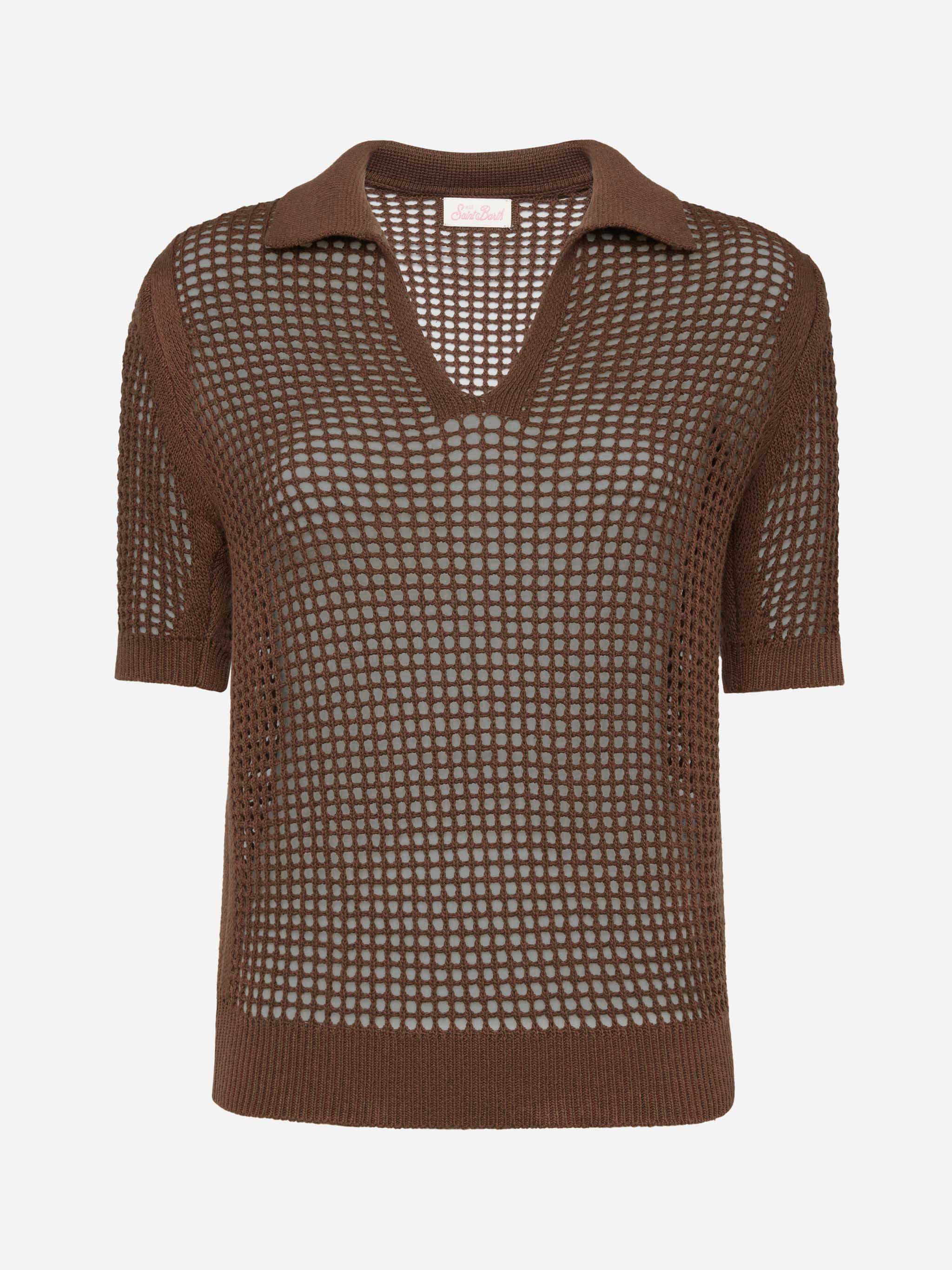 Flora brown mesh crochet polo