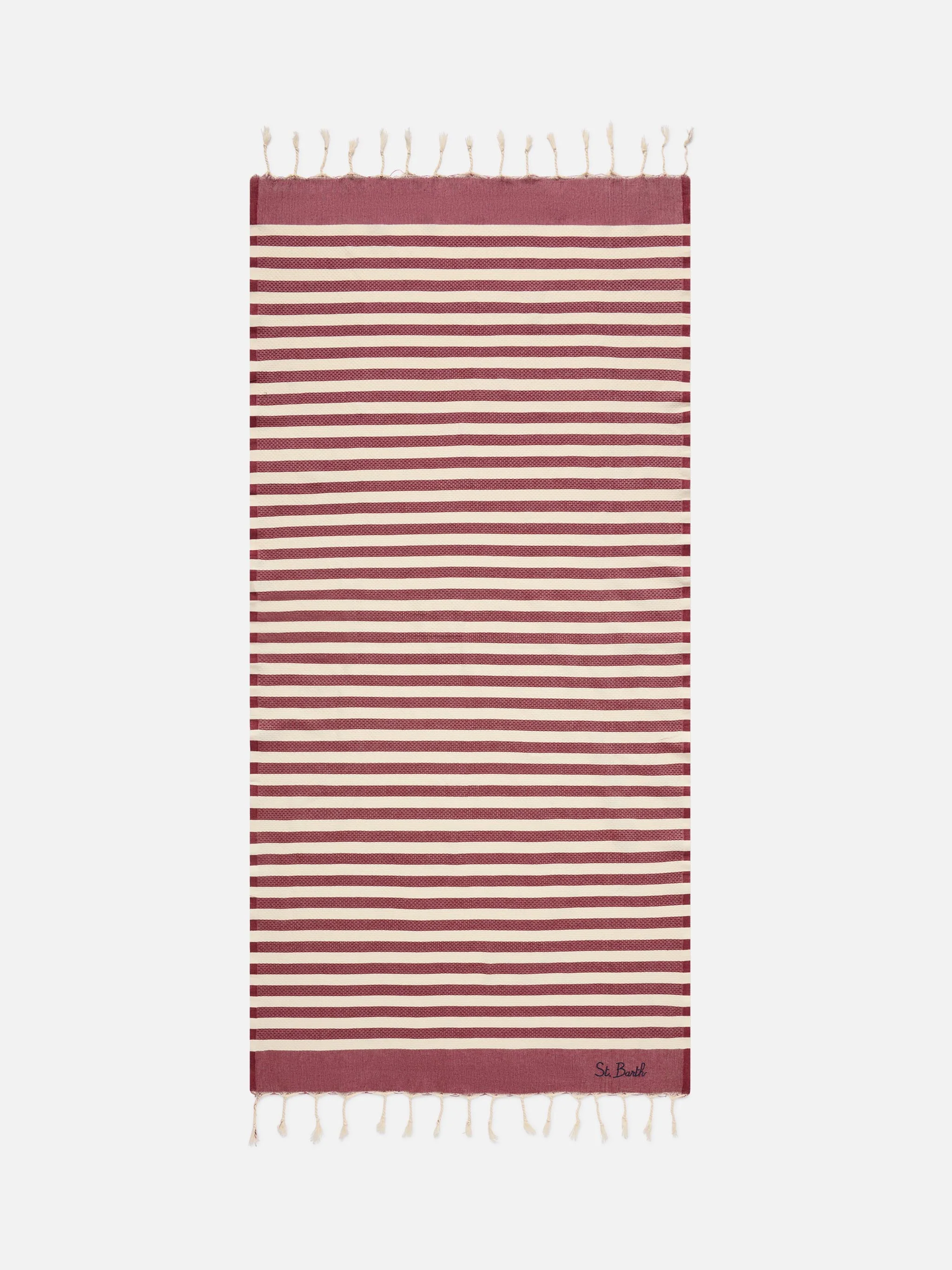 Foutas beach towel with burgundy and white stripes