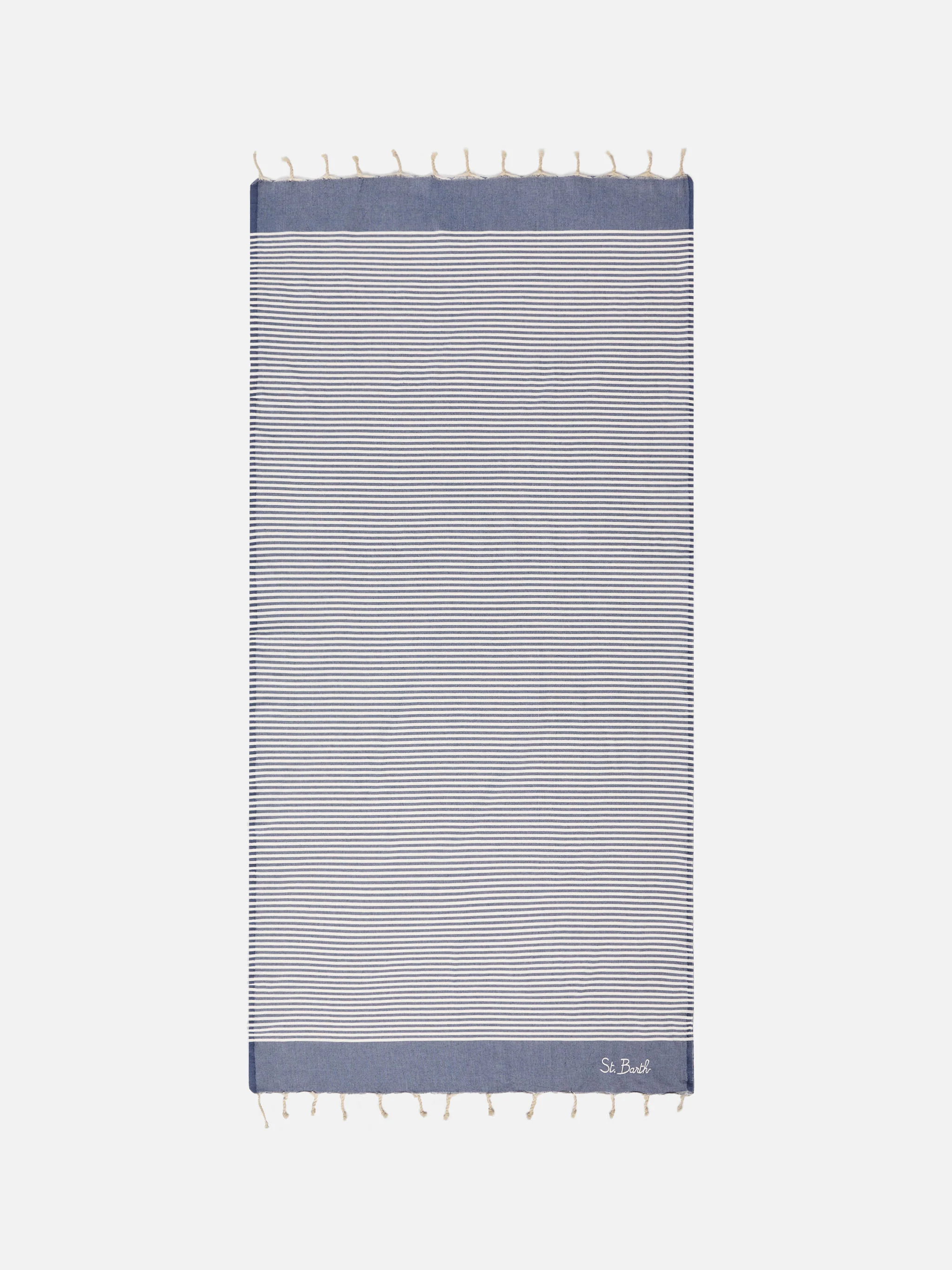 Foutas beach towel with small navy blue and white stripes