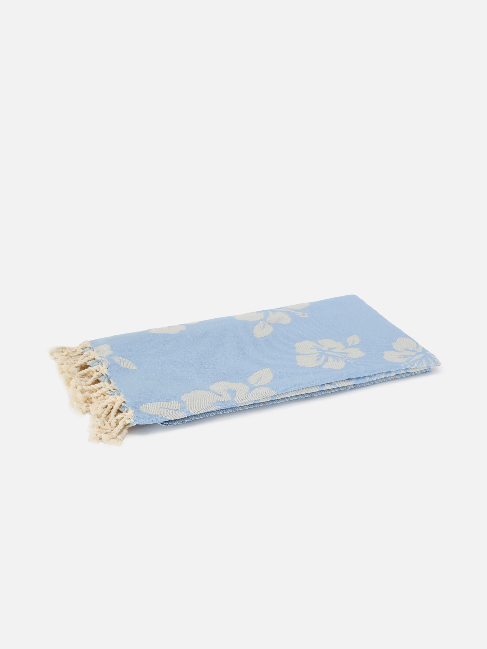 Foutas cotton Jaquard light blue beach towel with hibiscus pattern - Image 2