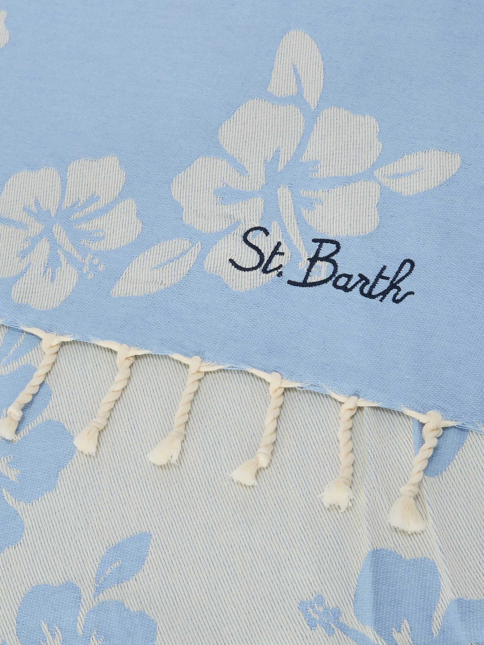 Foutas cotton Jaquard light blue beach towel with hibiscus pattern - Image 3