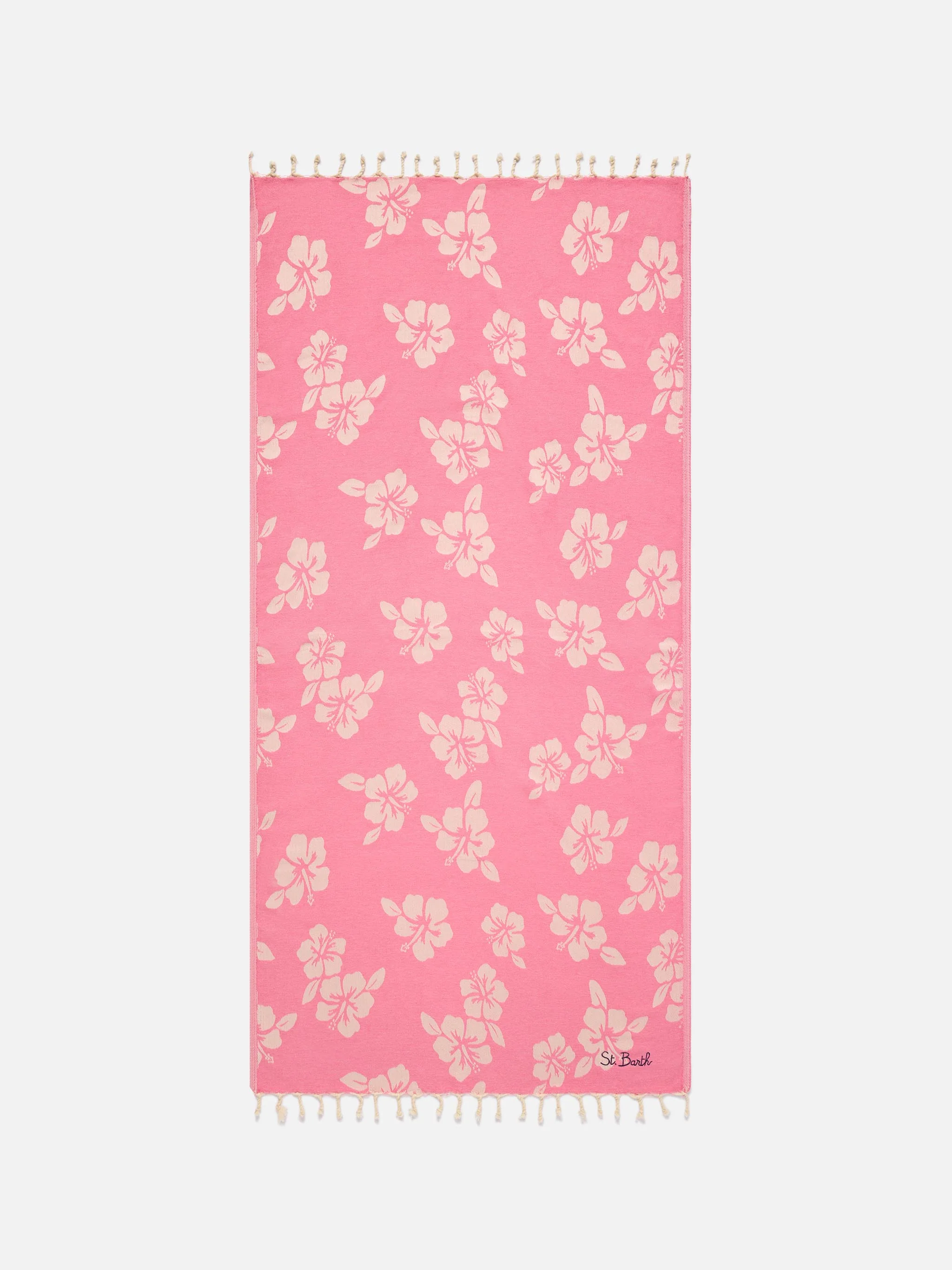 Foutas cotton Jaquard pink beach towel with hibiscus pattern