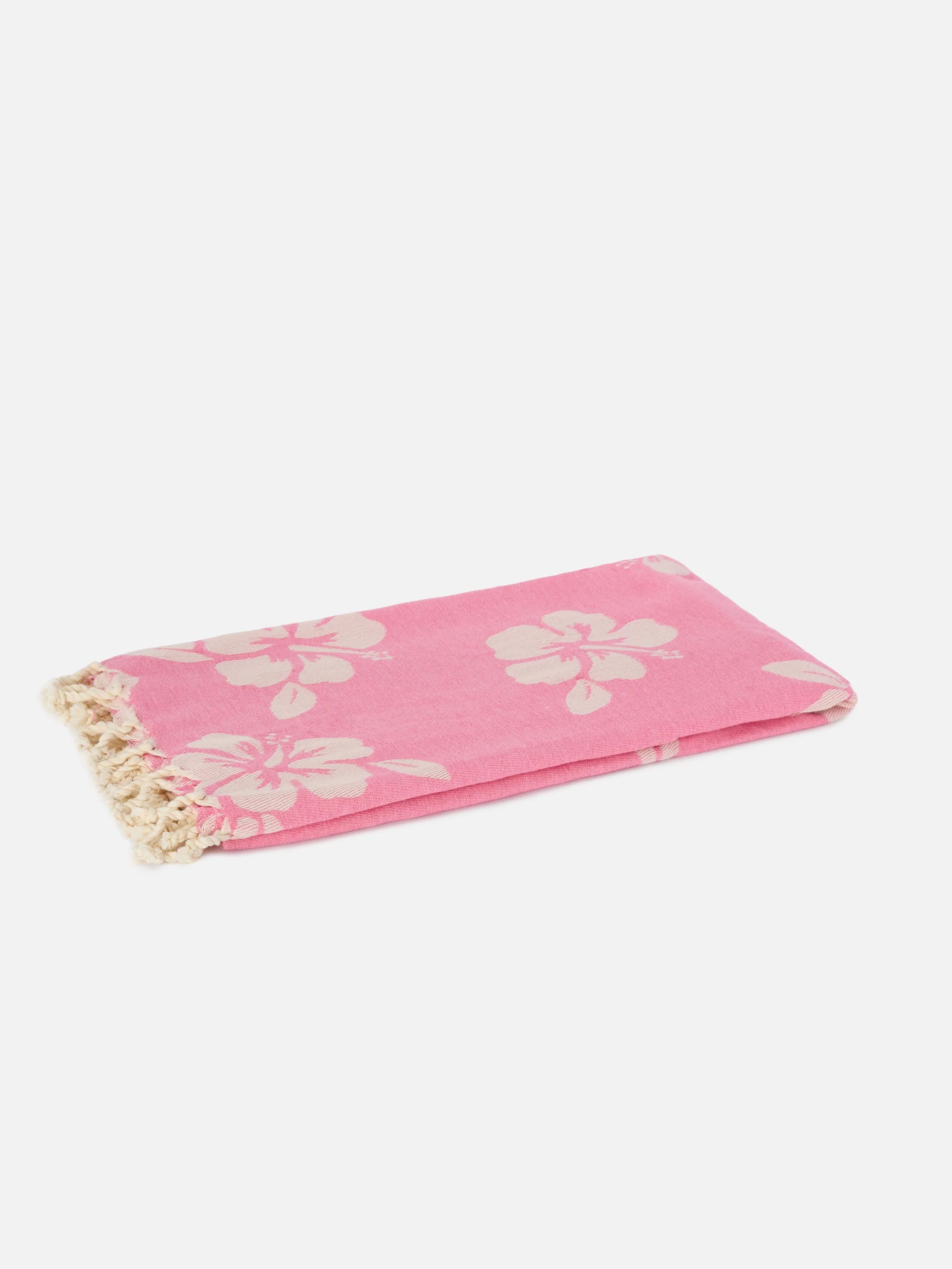Foutas cotton Jaquard pink beach towel with hibiscus pattern - Image 2