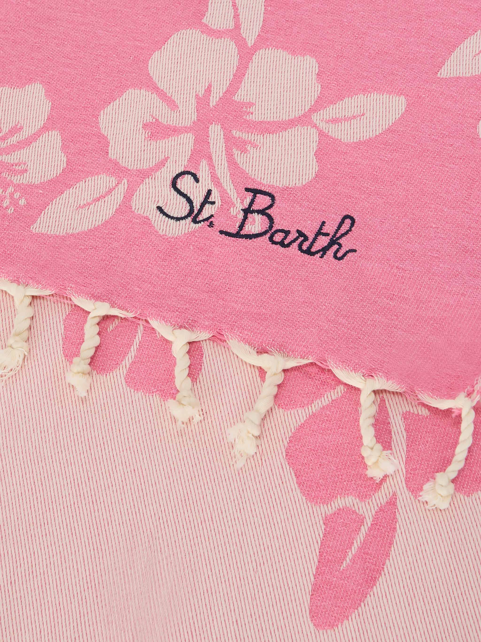 Foutas cotton Jaquard pink beach towel with hibiscus pattern - Image 3