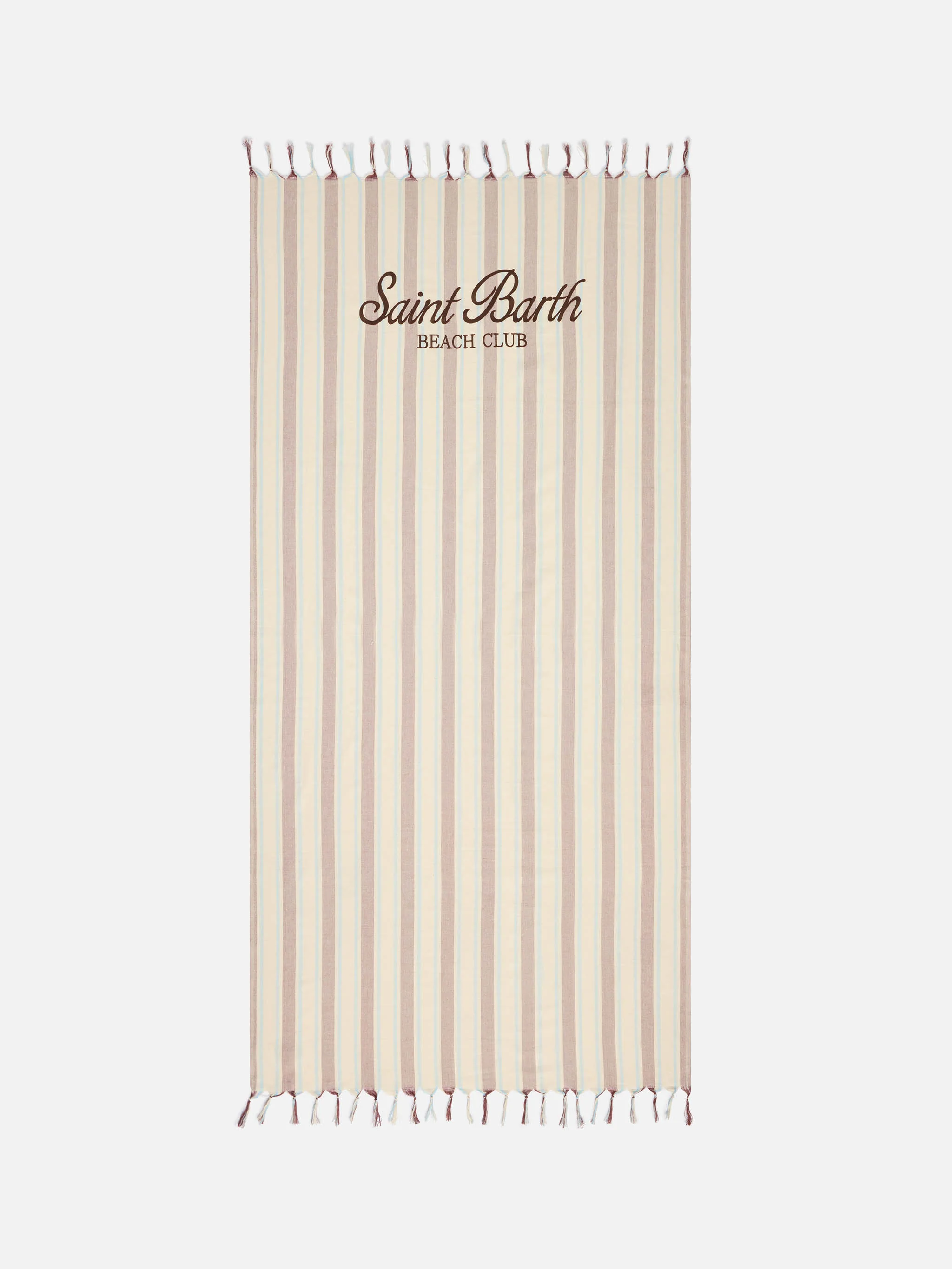Foutas Lightbeach towel with beige and light blue stripes and embroidered logo