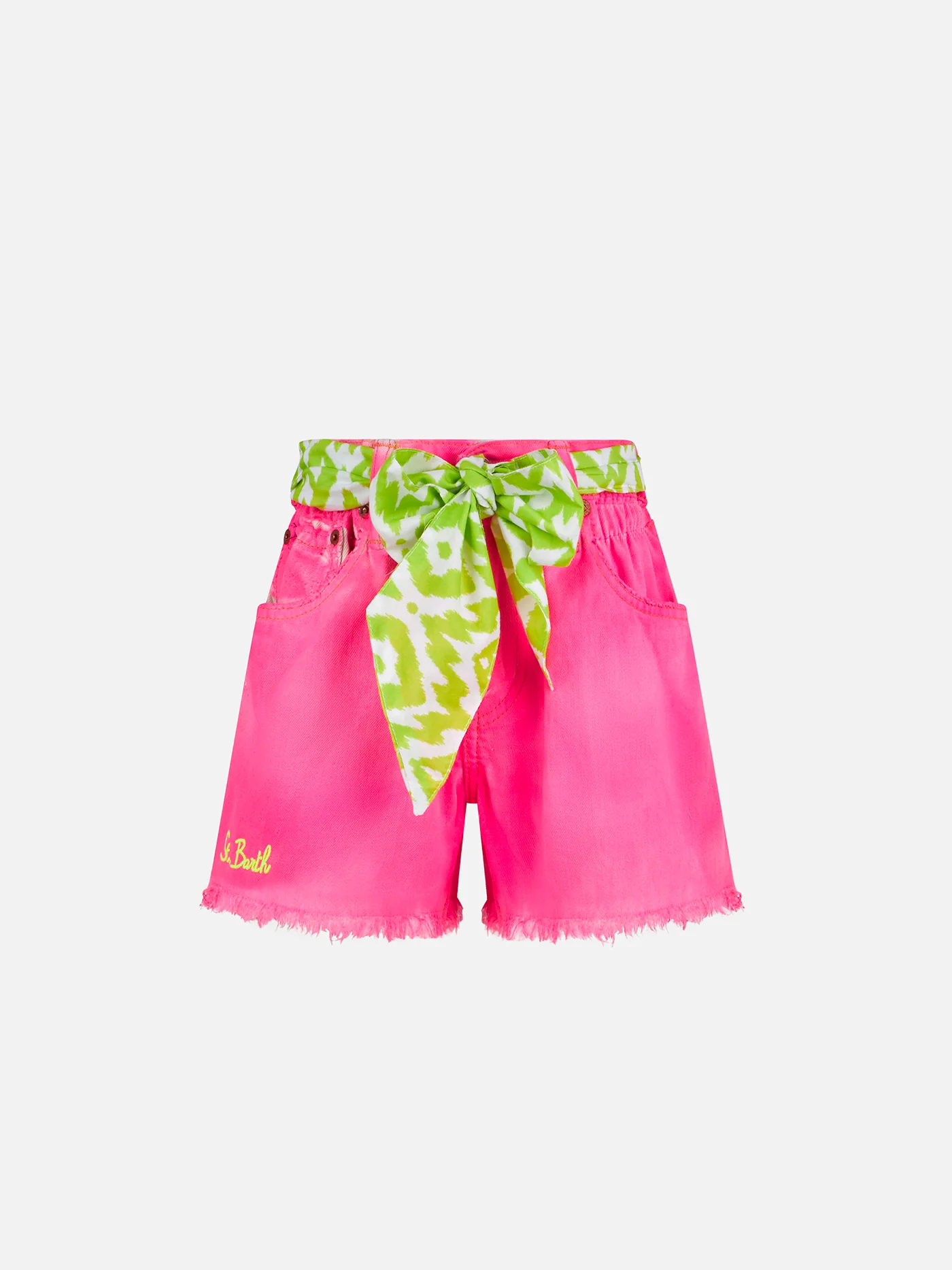 Girl fluo pink upcycled denim shorts with embroidery