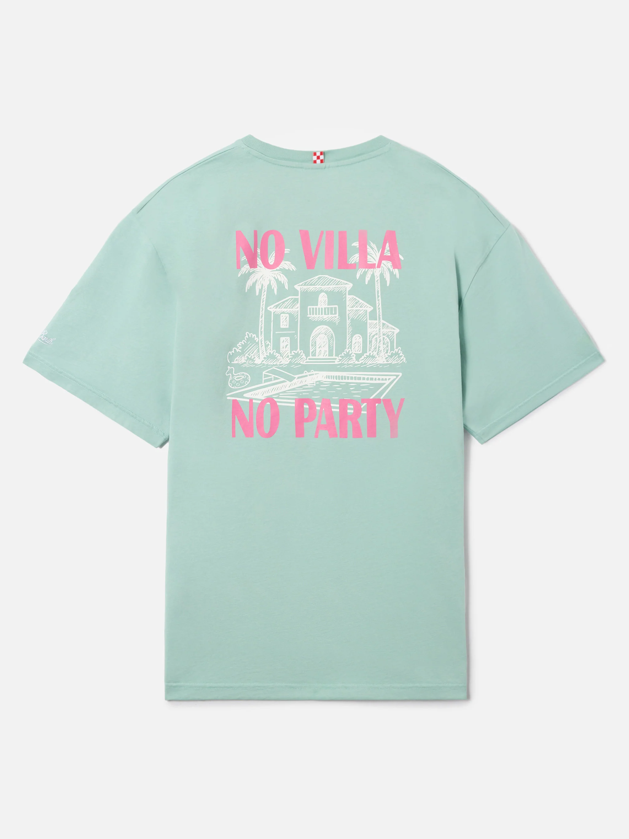Green Delmar t-shirt with No Villa No Party print and maxi graphic on the back