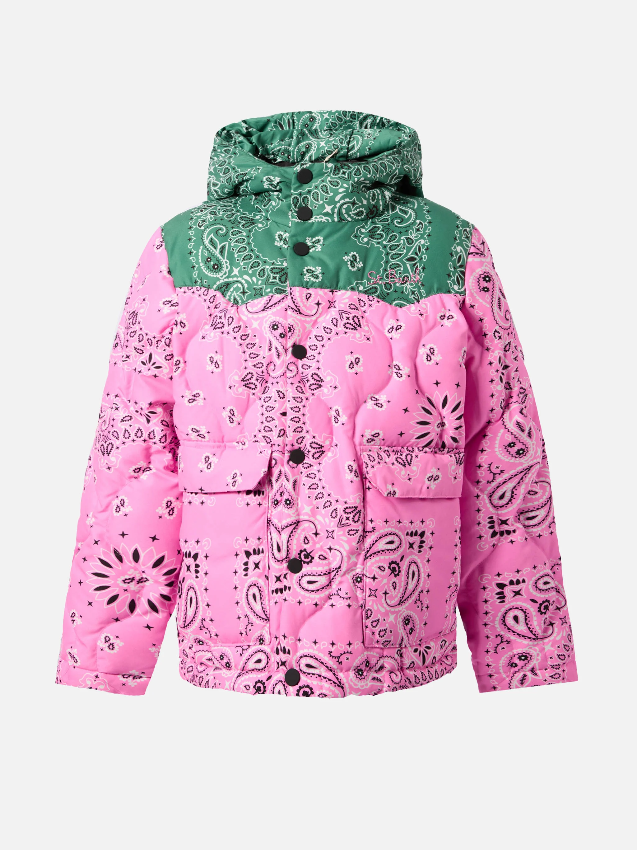 Hooded down padded jacket Baxter Jr with bandana print