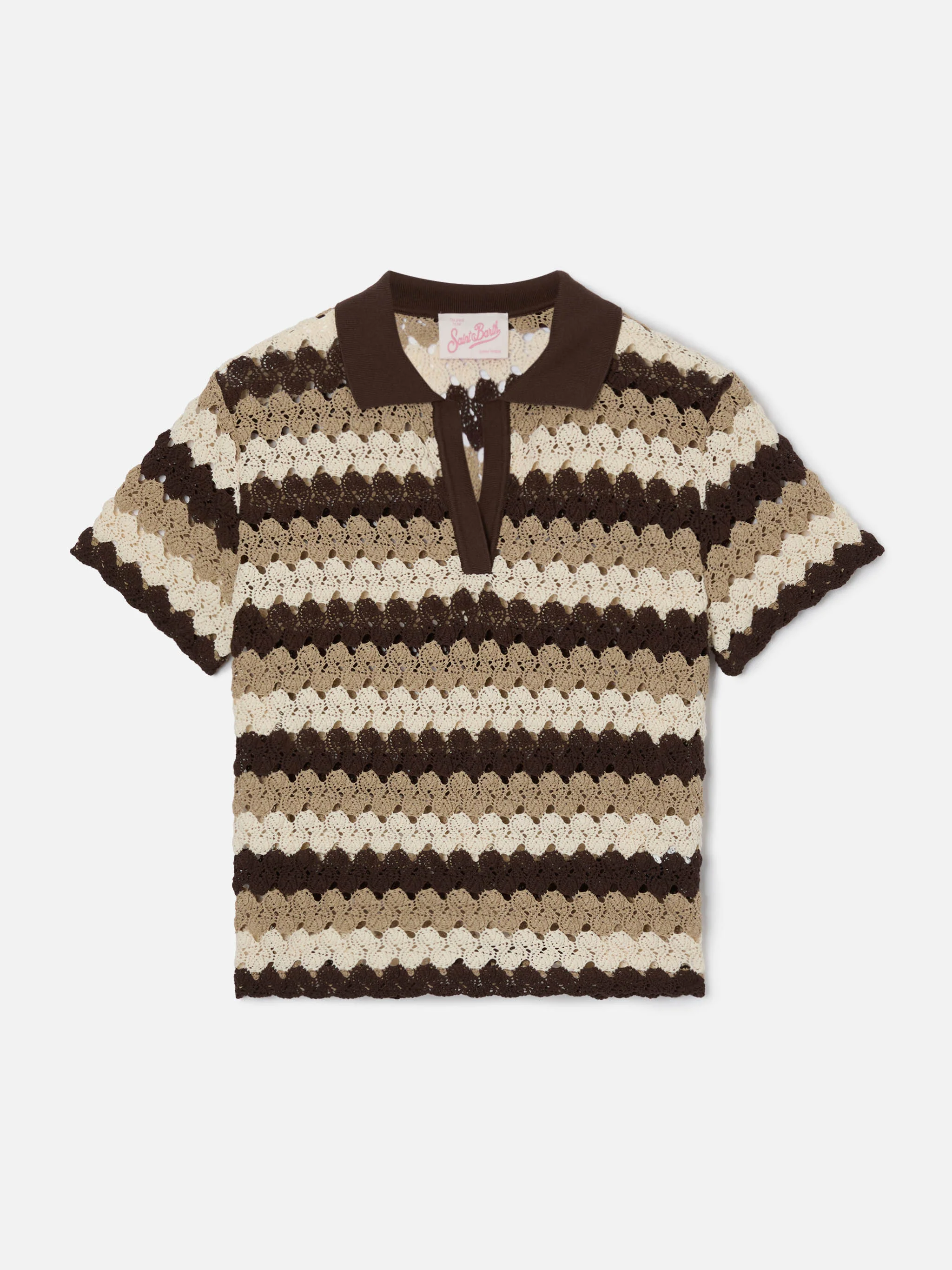 Lala crochet-effect cotton blend polo with striped pattern - Image 5