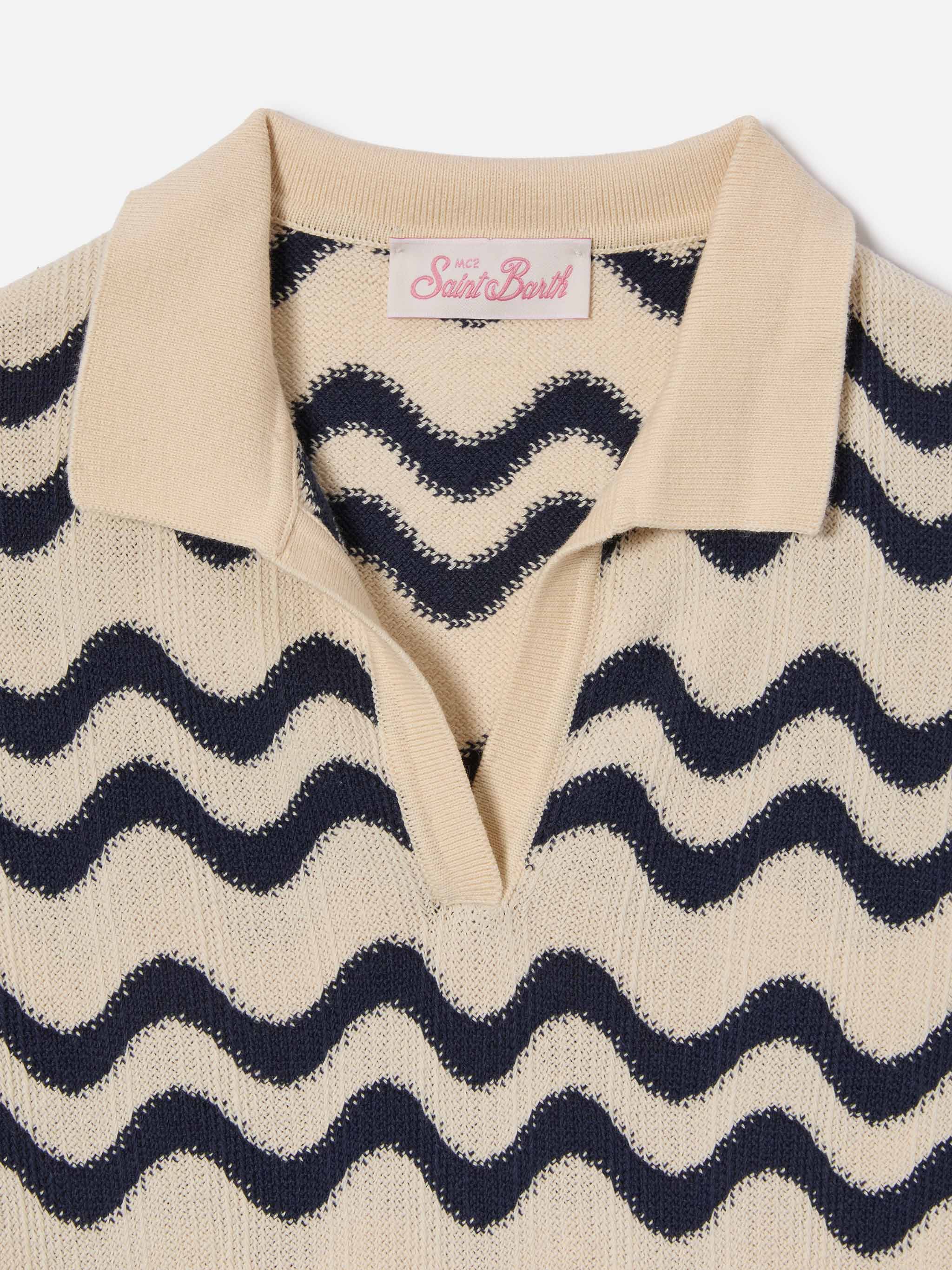Lala Jr Polo in cotton blend knit with blue and ivory wave pattern - Image 3