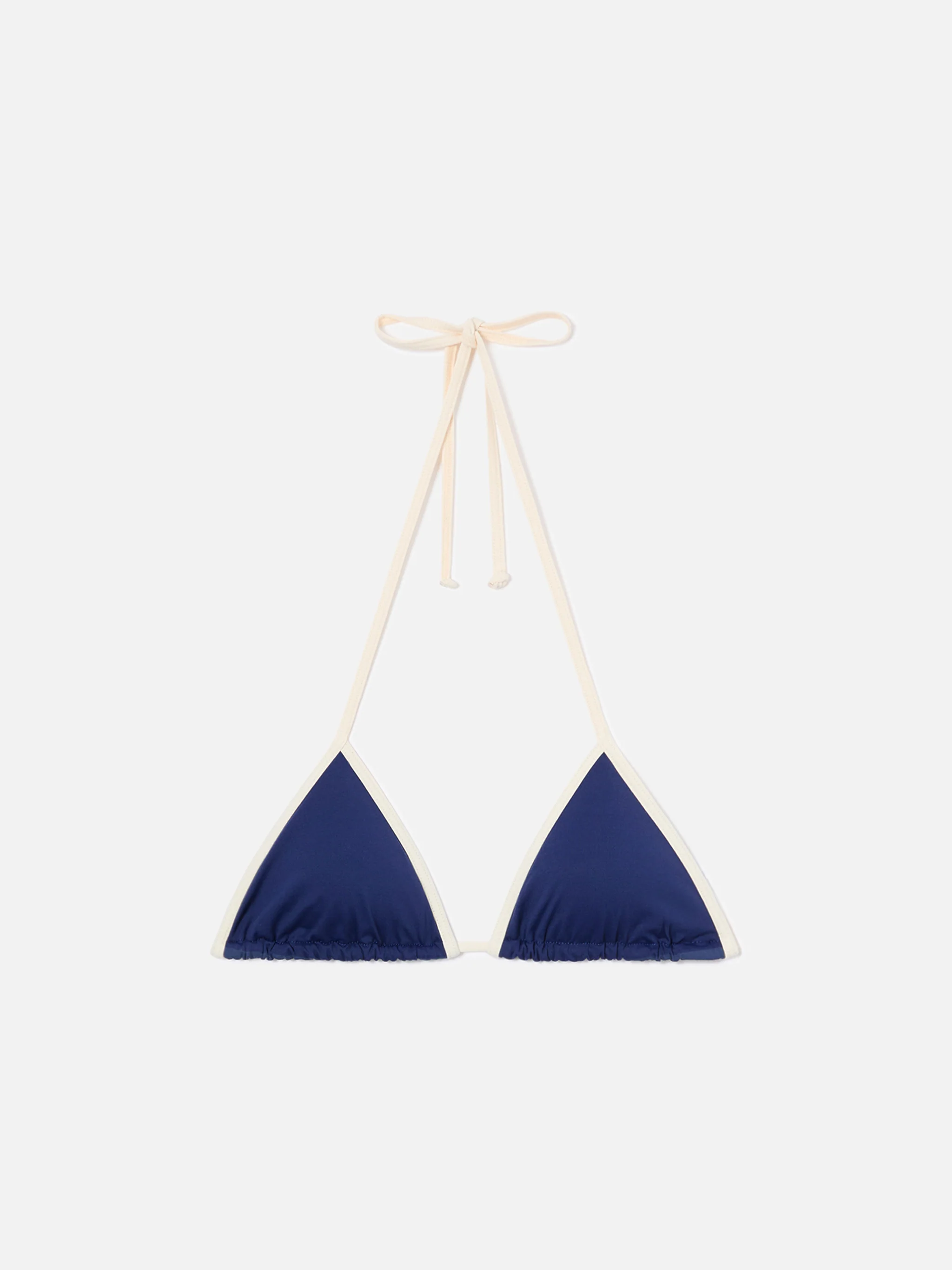 Leah String triangle bikini top in blue with white trims