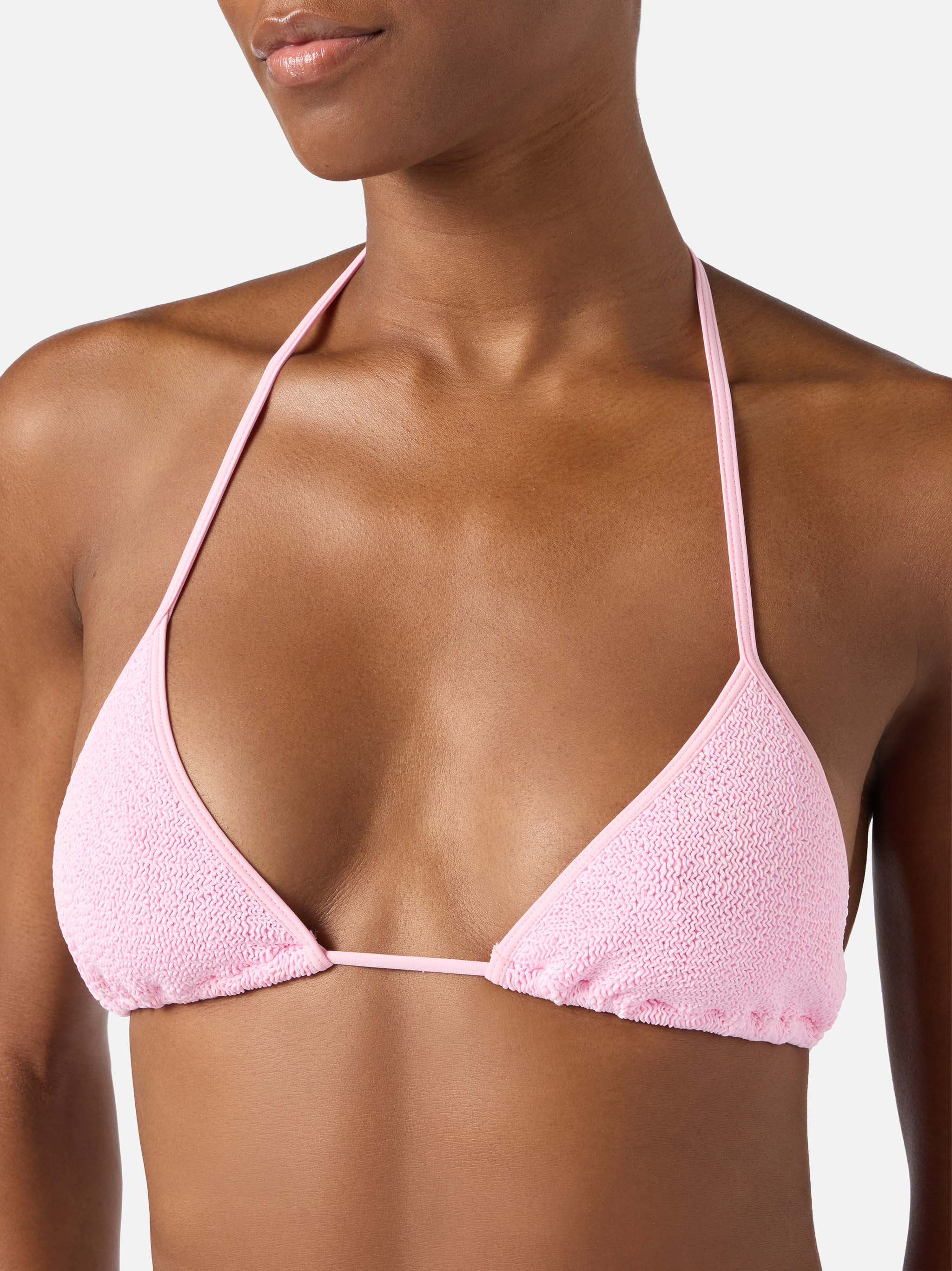 Leah String triangle bikini top in pink with white trims - Image 2