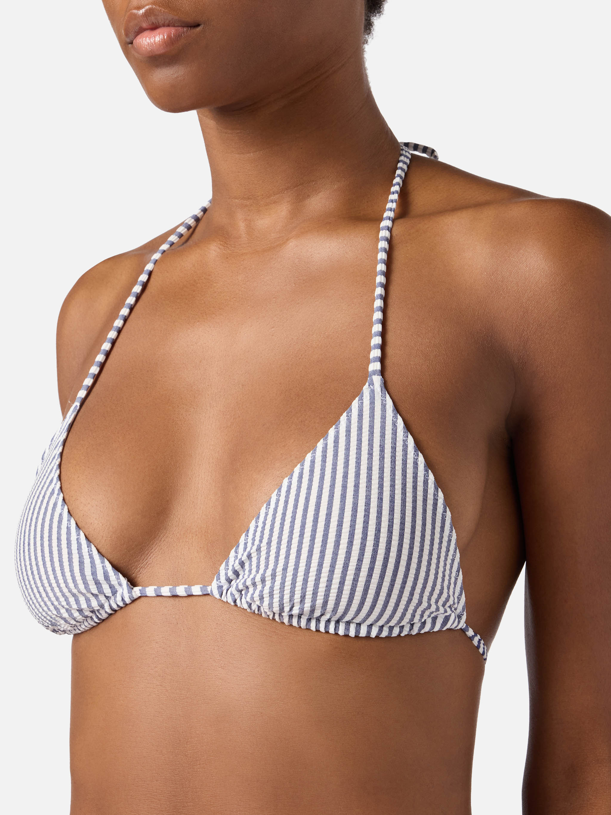 Leah triangle bikini top in blue seersucker striped fabric - Image 2